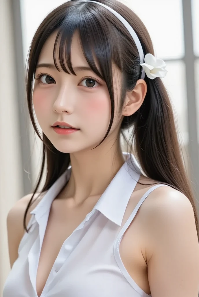 front hook, (opens well), highest quality, masterpiece, figure, (realistic, photo-realistic:1.37), wonderful, finely, incredibly absurd, huge file size, super detailed, High resolution, Highly detailed CG Unity 8k wallpaper, ray tracing, NSFW, 1 girl, long hair, normal chest, young japanese girl,  Ribbon trimmed, ,hair is twin tail。red ribbon on twin tails。Posture is sitting。。full body photo。。face is smiling。naked photo。shot from below。