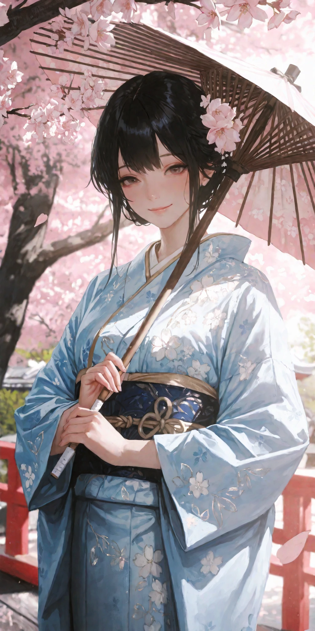{1woman, beautiful Japanese woman, long flowing black hair, wearing an elegant pastel kimono with delicate floral patterns, standing under cherry blossoms in full bloom, soft pink petals gently falling around her, warm spring sunlight filtering through the branches, smiling softly with a tender expression, holding a traditional paper umbrella, romantic and serene atmosphere, slightly blushed cheeks, dreamy and enchanting gaze, (realistic, anime style, ultra-detailed, intricate details, soft cinematic lighting, 8k, highres, masterpiece, best quality), vibrant colors, depth of field, hyperrealistic textures, warm and dreamy ambiance}
