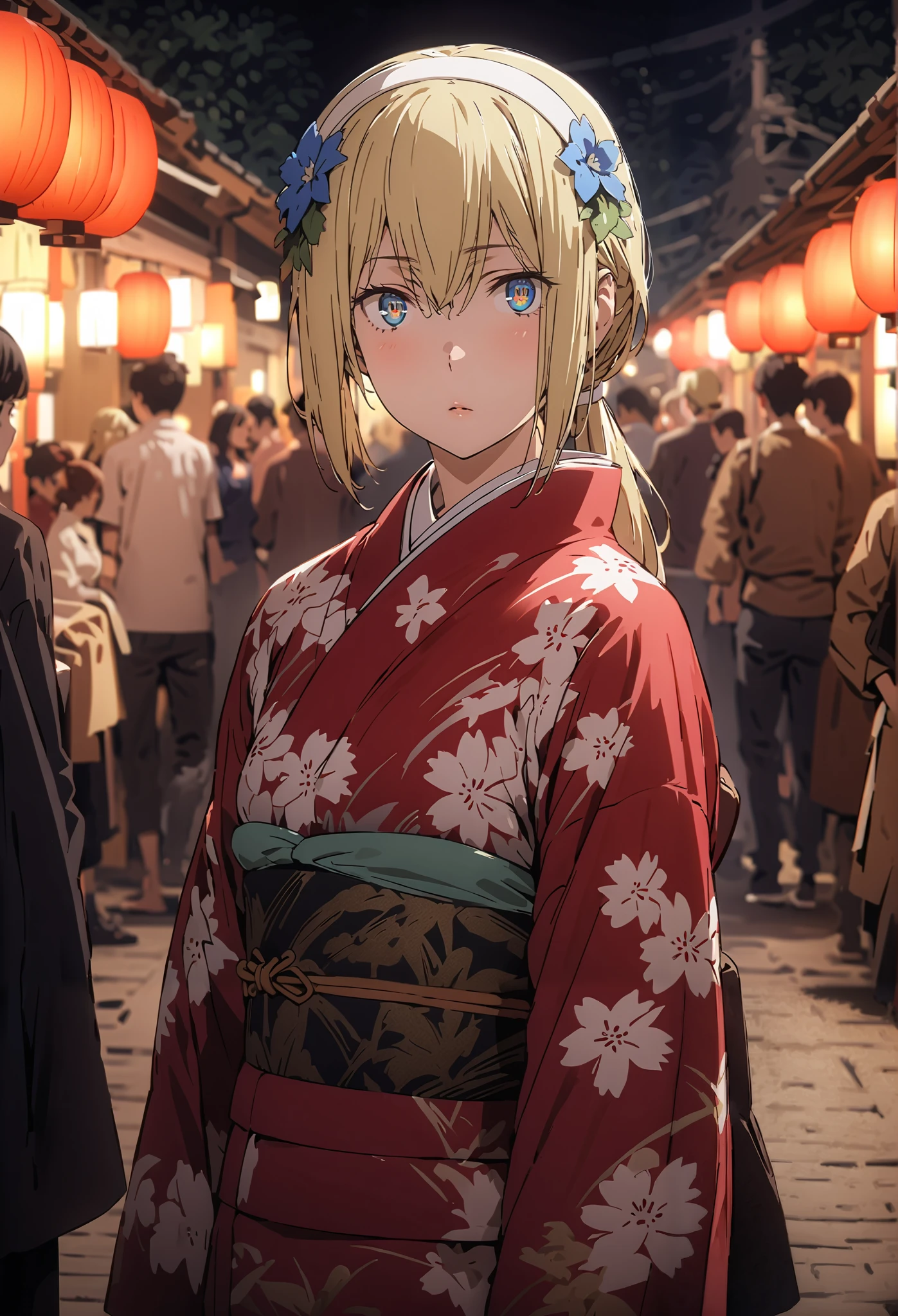 Eyes Wallenstein, Eyes Wallenstein,blond hair between eyes, white hair band, , and the eyes are, ponytail,flower hair ornament,Blue flower pattern kimono,standing,Light up fireworks,Red Lantern,Japanese stalls ,full bodyがillustrationsに入るように,break outdoors,Japanese festival,
break looking at viewer,full body,
break (masterpiece:1.2), best quality, high definition, Unity 8k 壁紙, (illustrations:0.8), (beautiful detailed eyes:1.6), Highly Detailed Face, so that it fits into the illustration, extremely detailed CG, (Perfect Hand, PERFECT ANATOMY),