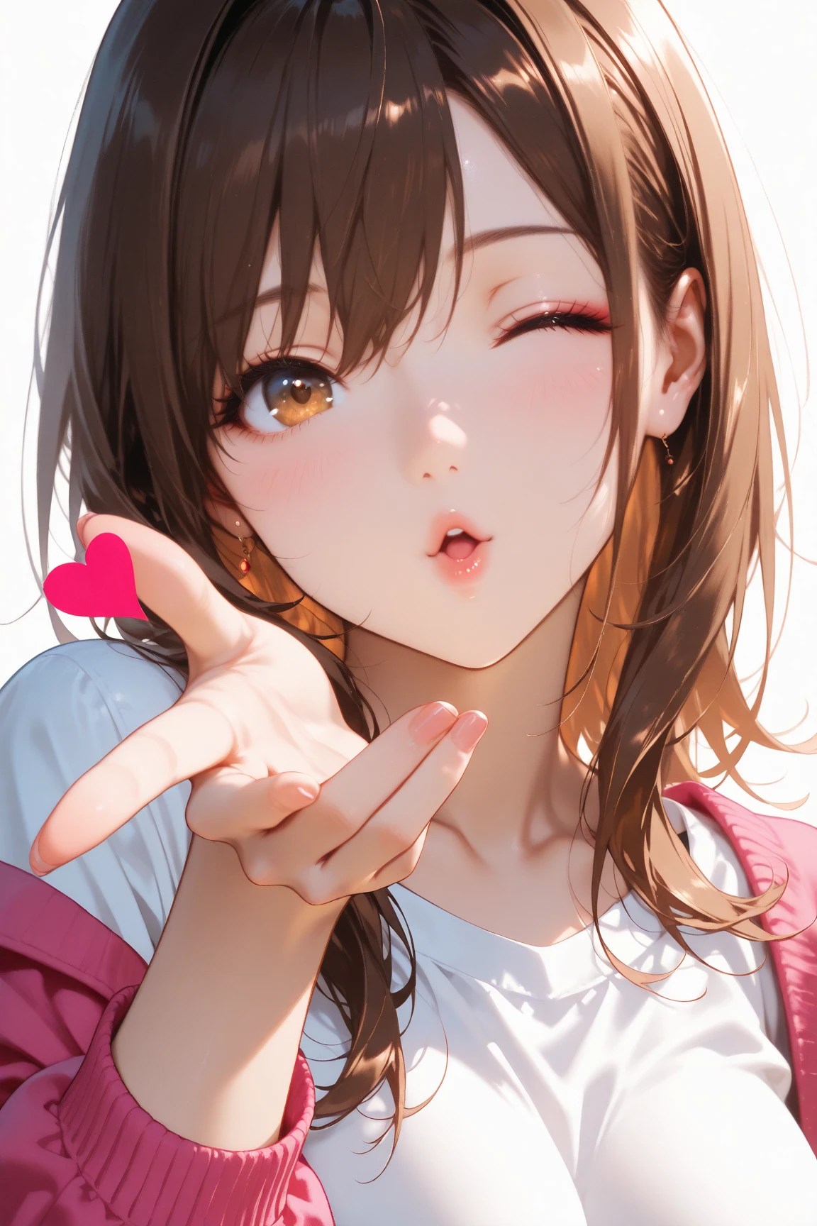 A beautiful woman in casual clothes, approaching seductively with a mischievous smile, bedroom eyes, and a suggestive pose, simple background, heart marks, breath effects.

