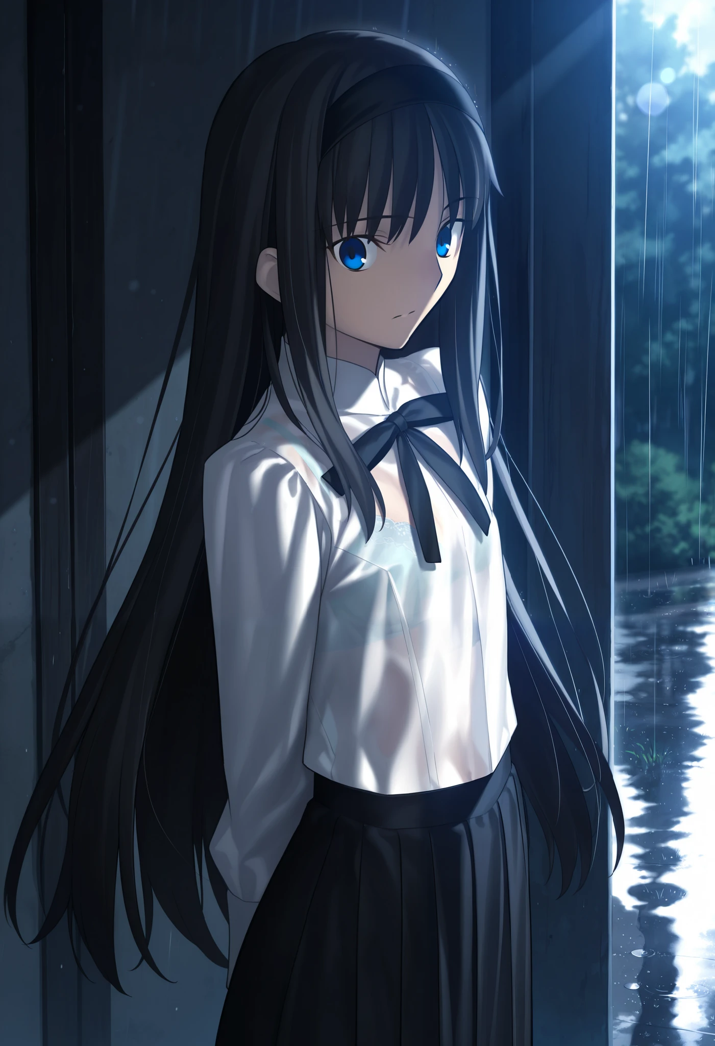 masterpiece, , absurdres, highres, detailed background, high resolution, masterpiece, necessary, detail, best quality, quality, necessary, details, High details, Precise, dark, outdoors, dappled sunlight, day, lens flare, blurry background, from above, upper body, from side,                                            
                                                                                                                                                                                                                         1girl, , Takeuchi Takashi (type-moon,tsukihime) style, takeuchi takashi style, 
   
tall girl, mature, Akiha_Tohno, (tsukihime), black hair, bangs, long hair, blue eyes, upturned eyes, black headband, straight hair, tsurime, ,(arms behind back), surprised, wide-eyed,
(white shirt, black long skirt), see-through, bra, undress black ribbon, small breast, flat chest, , looking at viewer, rain, 