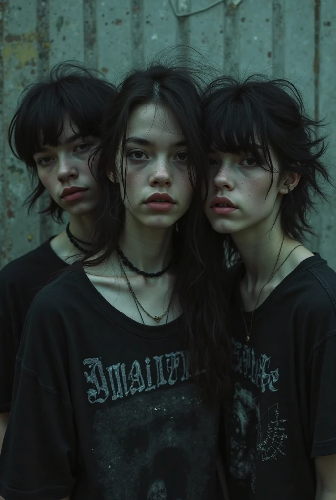 2 emo girls with pale skin. one has a pony tail, huge breasts, black t-shirt with a skull imprint, and tattered jeans looking shyly at the camera. the other has , black t-shirt, tattered jeans, and looking shyly at the camera, looks at the camera, looks at the camera,
