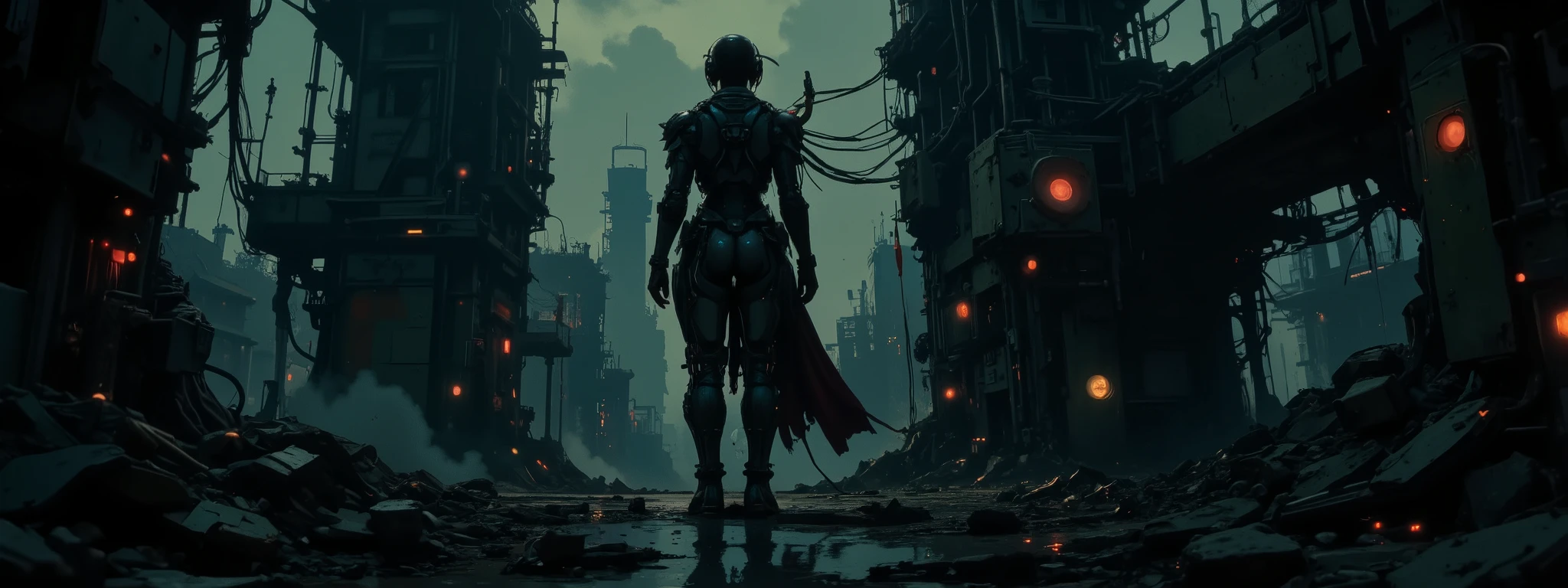 A post-apocalyptic woman stands on a tall building, looking down at the ruins of a bombed city far below. She has cables coming out of her head, her armor is half missing, nearly destroyed, revealing patches of bare skin. The lighting is very dark, mostly red, the lights of her armor creating highlights on the reflective surfaces and casting subtle shadows that accentuate the contours and mechanical details. The background is dark, the silhouette of a bombed city in the distant background, creating a quiet yet powerful atmosphere. The shooting angle is high above the city, looking down on the scene with her, with a sense of depth due to shadow play and the positioning of mechanical elements. The overall composition and technical execution present a seamless blend of organic and technological features, evoking themes of future, integration, and identity. 8k super hd