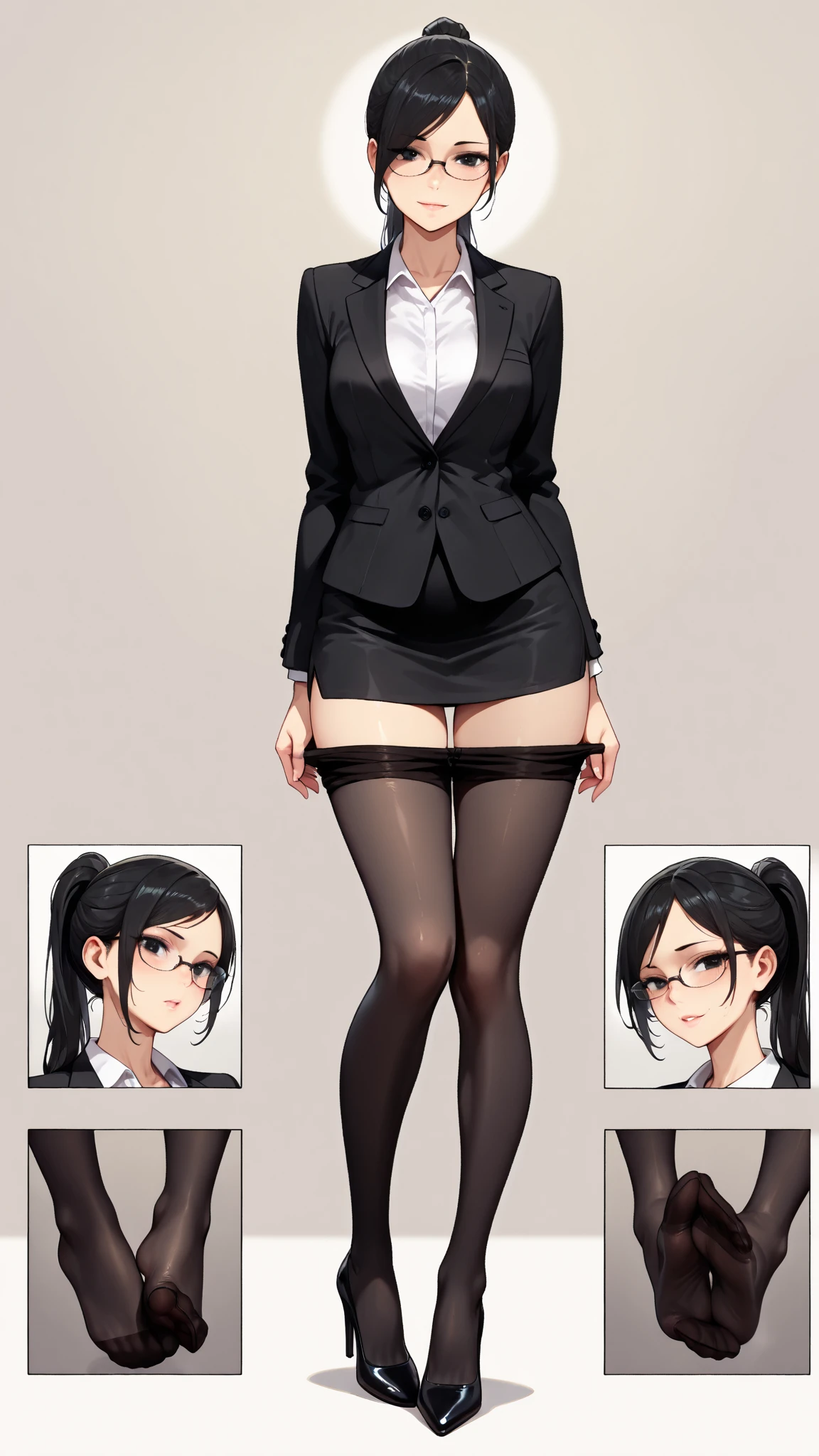masterpiece, best quality, ShenheV4, 1girl, looking at viewer, blush, smile, skirt, simple background, shirt, hair ornament, long sleeves, white background, holding, cleavage, jewelry, sitting, closed mouth, underwear, jacket, full body, white shirt, pantyhose, earrings, open clothes, glasses, alternate costume, collared shirt, miniskirt, black skirt, bra, character name, high heels, black jacket, open shirt, multiple views, formal, suit, tassel, pencil skirt, bespectacled, contemporary, adjusting eyewear, office lady, tassel earrings, 