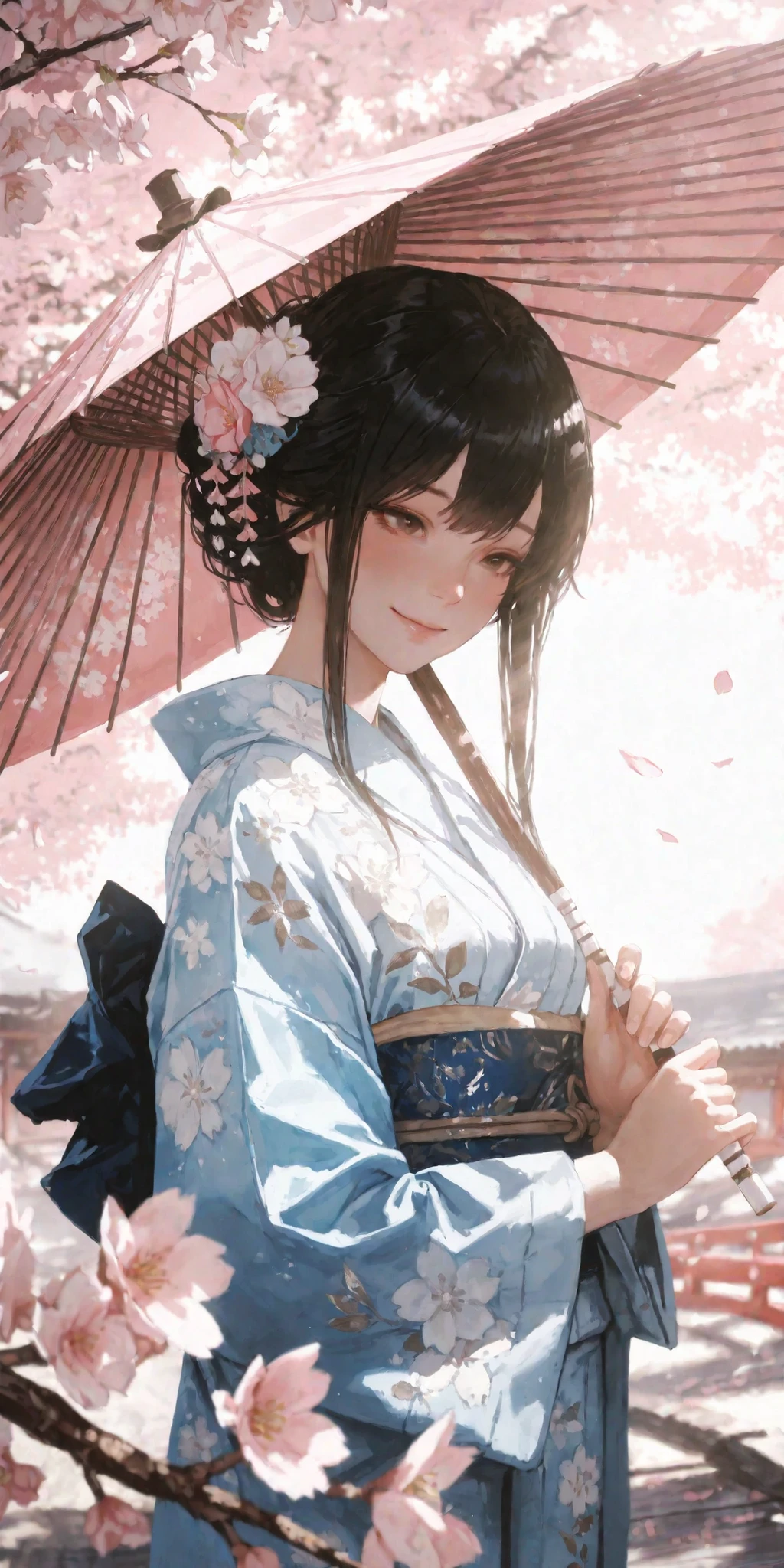 {1woman, beautiful Japanese woman, long flowing black hair, wearing an elegant pastel kimono with delicate floral patterns, standing under cherry blossoms in full bloom, soft pink petals gently falling around her, warm spring sunlight filtering through the branches, smiling softly with a tender expression, holding a traditional paper umbrella, romantic and serene atmosphere, slightly blushed cheeks, dreamy and enchanting gaze, (realistic, anime style, ultra-detailed, intricate details, soft cinematic lighting, 8k, highres, masterpiece, best quality), vibrant colors, depth of field, hyperrealistic textures, warm and dreamy ambiance}
