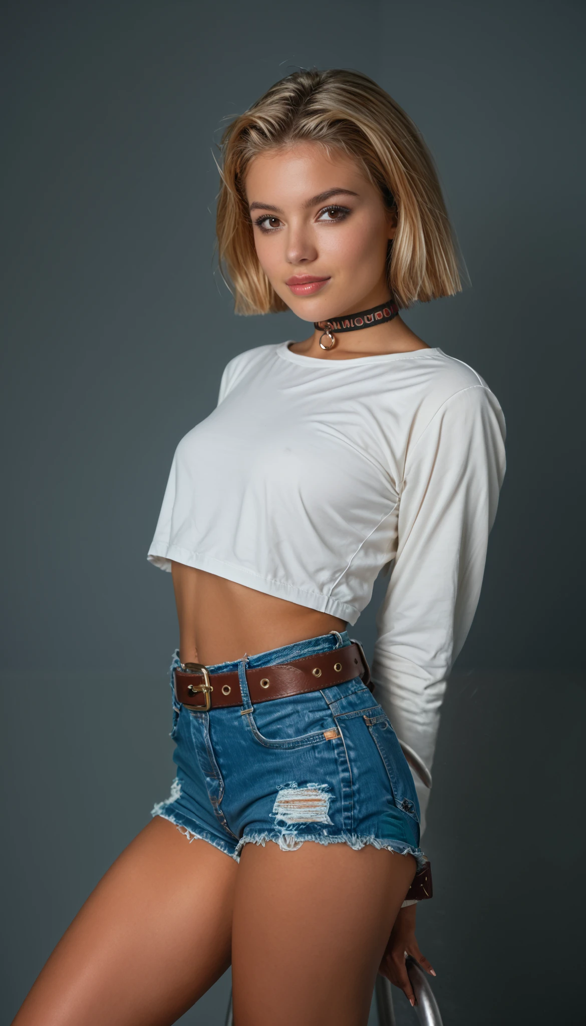 dark-skinned blonde girl, model, italian face type, very tanned, perfect cute features, brown eyes, dimples, summer makeup, short blonde hair, bob hairstyle with straight bangs, bangs are a must, sexy figure, hands behind her back, punished, slave choker, girl wears cropped pink blouse with long sleeves and very short denim micro-shorts with a belt, shorts completely expose legs, long slender tanned legs, girl posing flirtatiously, too hot summer, hot summer outfit. daisy dukes style, american hollywood style, 80s vibe, miami vice, hyperrealism, bright colors