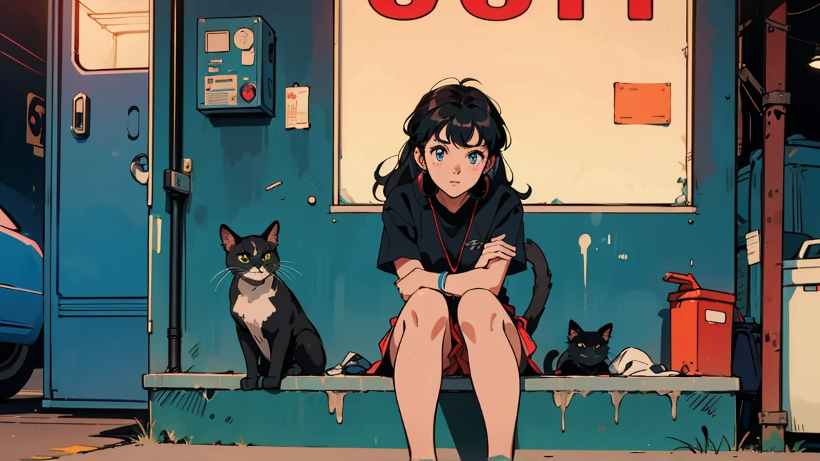 Anime-style girl with short, wavy hair and large expressive eyes, wearing casual clothes and red headphones. She is sitting in front of a vintage blue Porsche 911 in a cluttered garage. The garage has neon lights, colorful posters, and various tools scattered around. The black cat sits beside her, adding to the nostalgic 80s city pop vibe.