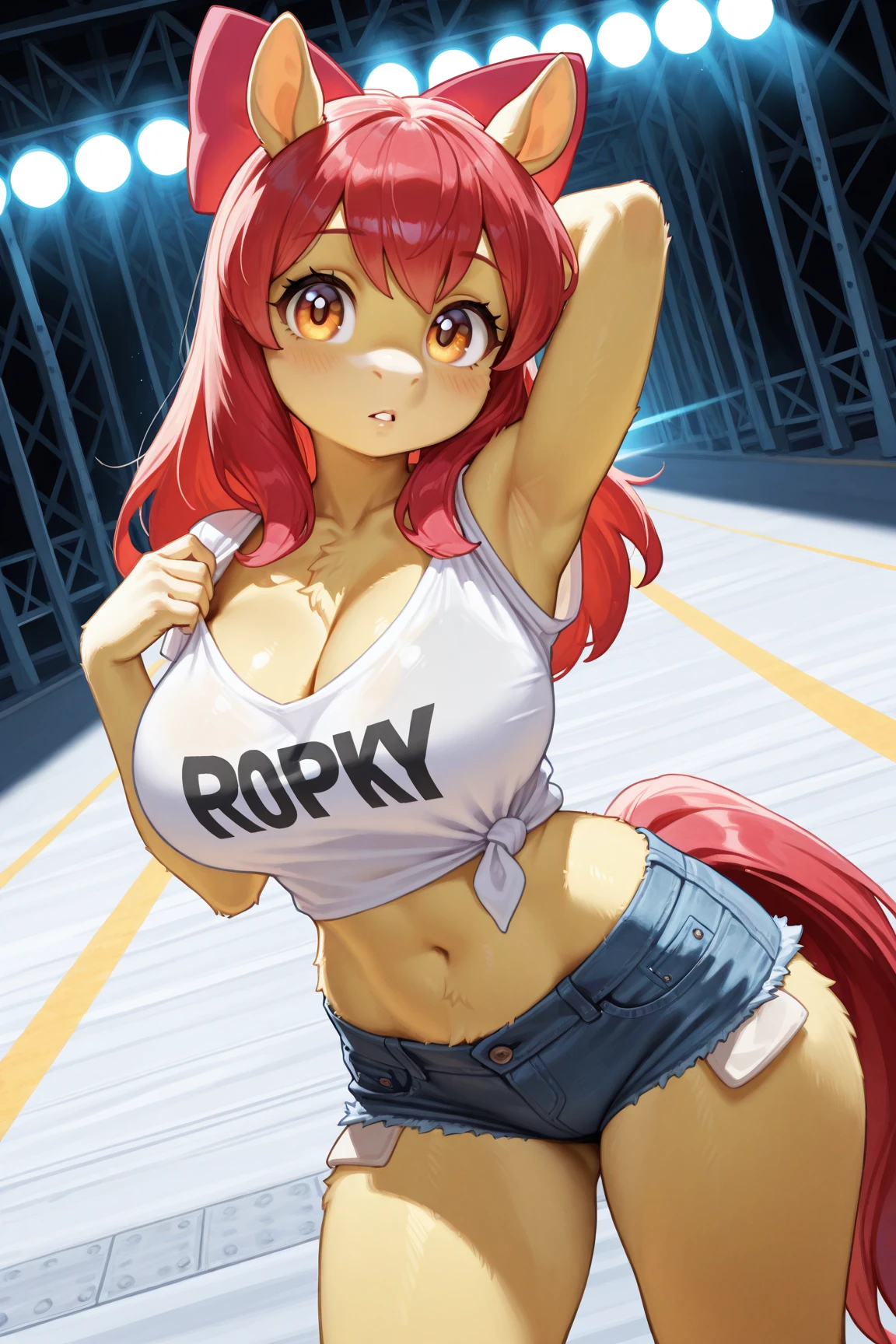 masterpiece, best quality, ((1girl)), (solo), (mai)), (crop shirt underboob:1.5), (thong), garter straps, choker, (graffiti:1.5), paint splatter, arms behind back, against wall, looking at viewer, armband, thigh strap, paint on all body, head tilt, seductive smile, ((best quality)), ((highly detailed)), orange hair, long hair, one eye closed, purple eyes, red nails, nail polish, breasts, belt, lips, mole, pink nails, headset, piercing, (curvy:1.2)