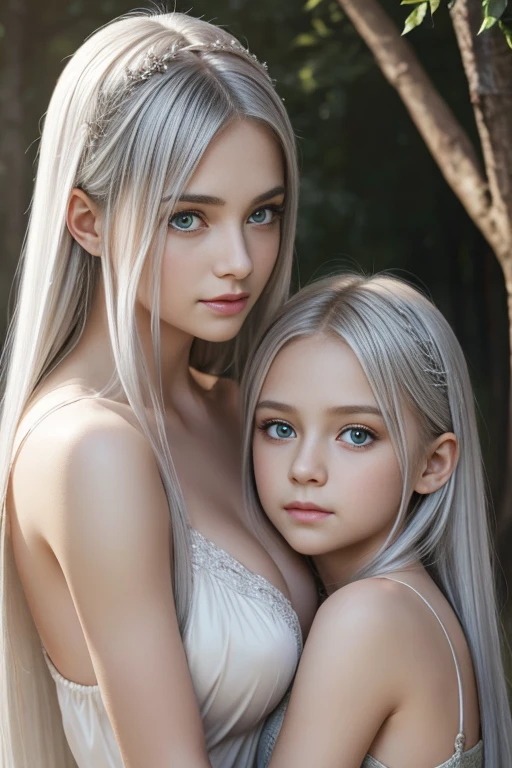 Very in the living room of her house sitting on the floor with her little sister,(8k),(Defined details),(unclothed),(White hair),(Little girl)