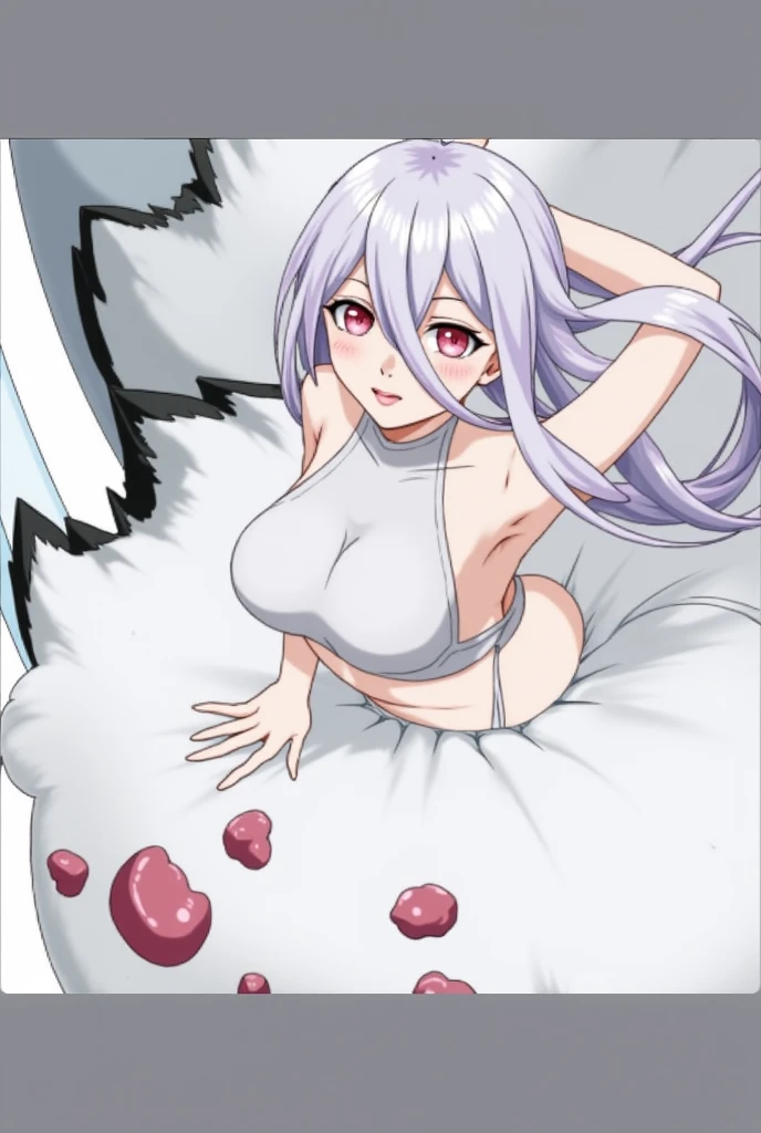 Beautiful foxgirl, large breasts,purple hair with pink highlights tips, masterpiece , red eyes, sexy, anime styled, 2D, mature, dynamic angle, long hair, fox tails, best quality, extremely detailed face, sharp details, high contrast, black bikini, beach, night time, popsicle