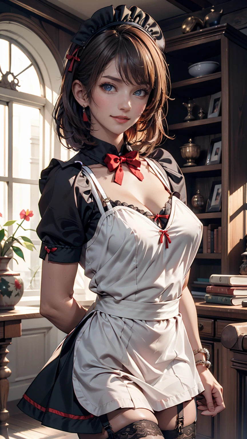 photo anime,masterpiece,high quality,absurdres,Enchanted gazing pool with visions of past and future.,Reflected light from a metallic or shiny surface for interesting reflections (Metallic Reflections).,1girl,Sitting on a window ledge, looking outside,(Smoky Teal Collared button-up blouse with ruffled sleeves.:1.3),(Baby pink Pleated skirt:1.3),(Red and Brown Low Messy Bun with Headband Wrap:1.3),Adoring,cleavage,Size H breasts,
