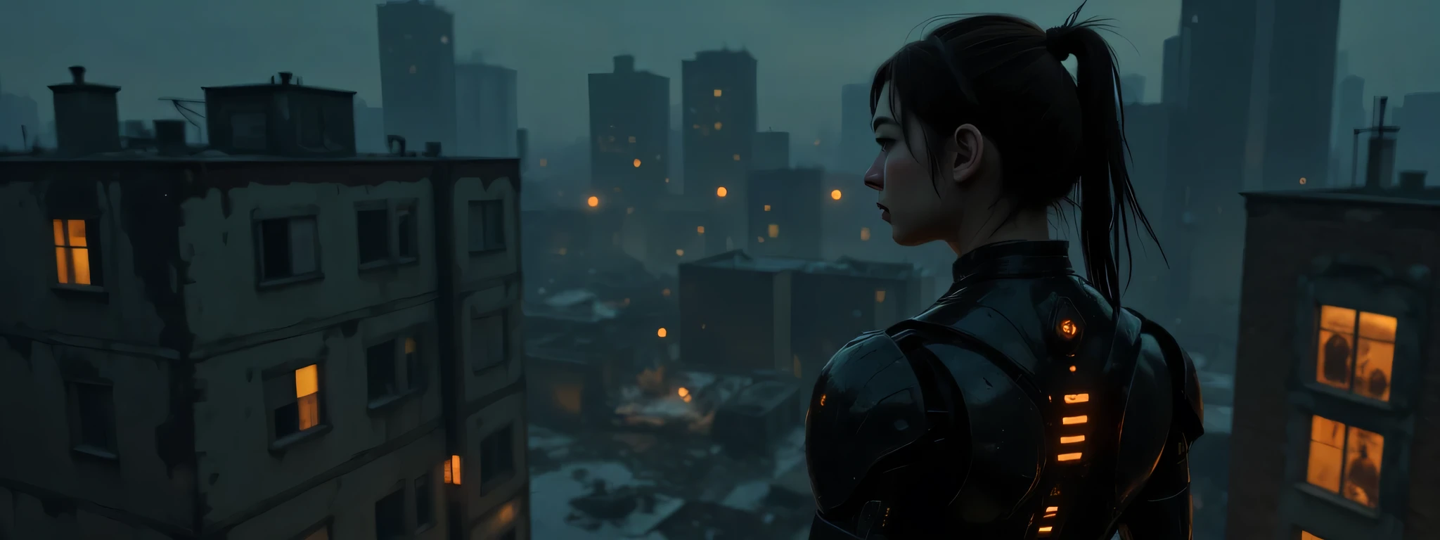 A post-apocalyptic cyborg woman with an intriguing blend of organic and mechanical elements. She stands on a tall building, looking down at the ruins of a bombed city far below. She has segmented cables instead of hair. Her armor is dusty and smashed and broken, revealing glimpses of skin where pieces are missing. The lighting is very dark, the lights of her armor creating highlights on the reflective surfaces and casting subtle shadows that accentuate the contours and mechanical details. The background is dark, the silhouette of a bombed city in the distant background, creating a quiet yet powerful atmosphere. The shooting angle is high above the city, looking down on the scene with her, with a sense of depth due to shadow play and the positioning of mechanical elements. The overall composition and technical execution present a seamless blend of organic and technological features, evoking themes of future, integration, and identity. 8k super hd, uhd (full body:2)