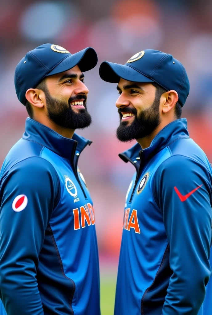 Create such an image in which Dhoni wearing number 7 is seen apologizing in front of Virat Kohli wearing number 18. The photo should be shown exactly as original.