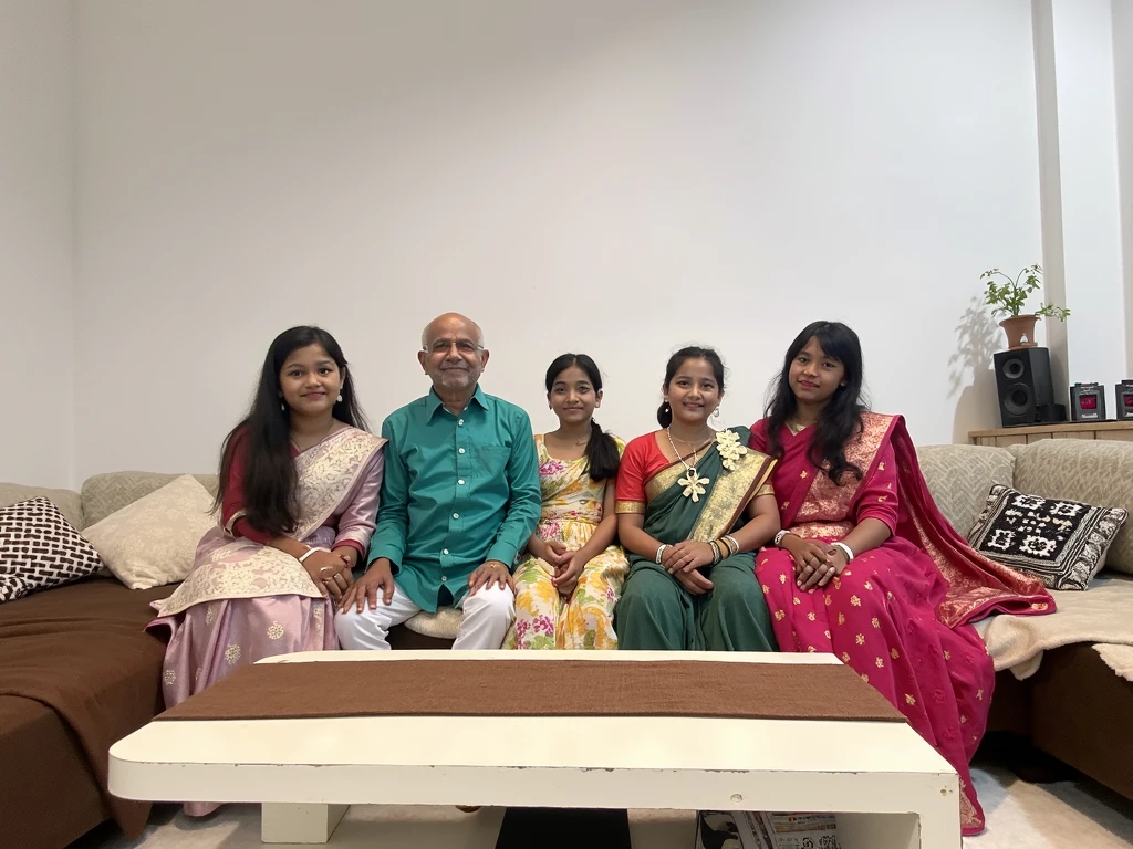 The man in the family portrait is elegantly dressed in a white shirt and vesti he is sitting in chair with his wife and his wife is wearing saree in red colour and wearing bangles and In back side there 2 girl children which is age ,20 respectively are wearing kurti dress and 1 one boy standing aside