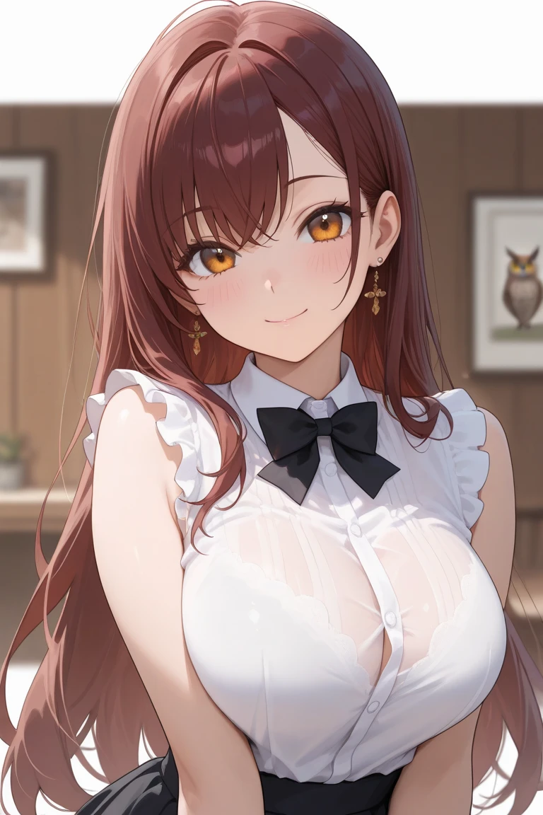 Photograph of the upper body of a beautiful woman,  , normal breasts, perfect body), Sharp focus, (tall body, mature woman), ((Looking ahead)), (Highly detailed skin, hair follicles:1.4,) (long  hairstyle ,ginger hair, yellow eyes) , (white blouses:1.47),(brown skirt),(sweater) ,  night light  , high quality ,normal expression, cottage core, blue ribbons 🎀 💙 
