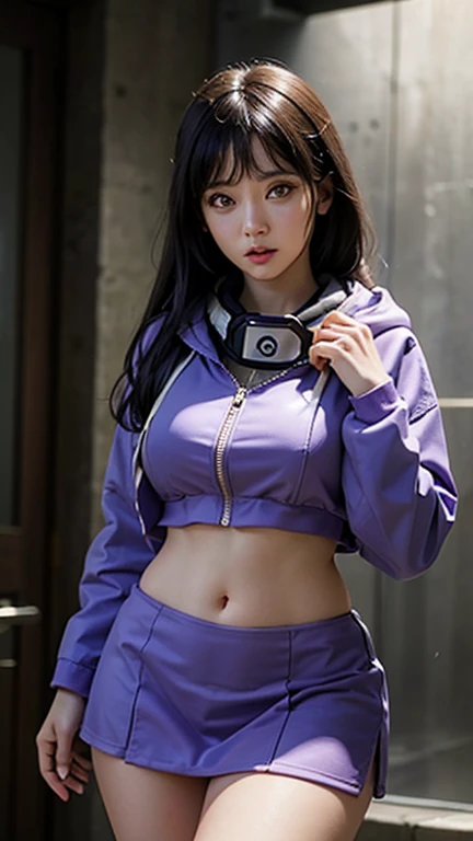 Sports girl, beautiful girl, purple hair, huge breasts, wearing a bare-chested hoodie, wearing a leggings, sexy post, in the sports club.
