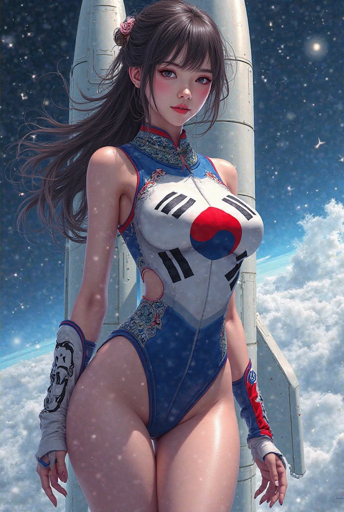 woman in her 20s, chunnis, (perfect face), defined jawline, beautiful brown eyes, beautiful lips, (short brown hair, hair bun, double bun), (perfect anatomy), (athletic body), (sexy), (thick thighs), (perfect hands), red and black underwear), tight blue track pants, spiky bracelets, looking at viewer, (medium full shot photograph), (galaxias background with nebulas, clouds, stars and nova's.)