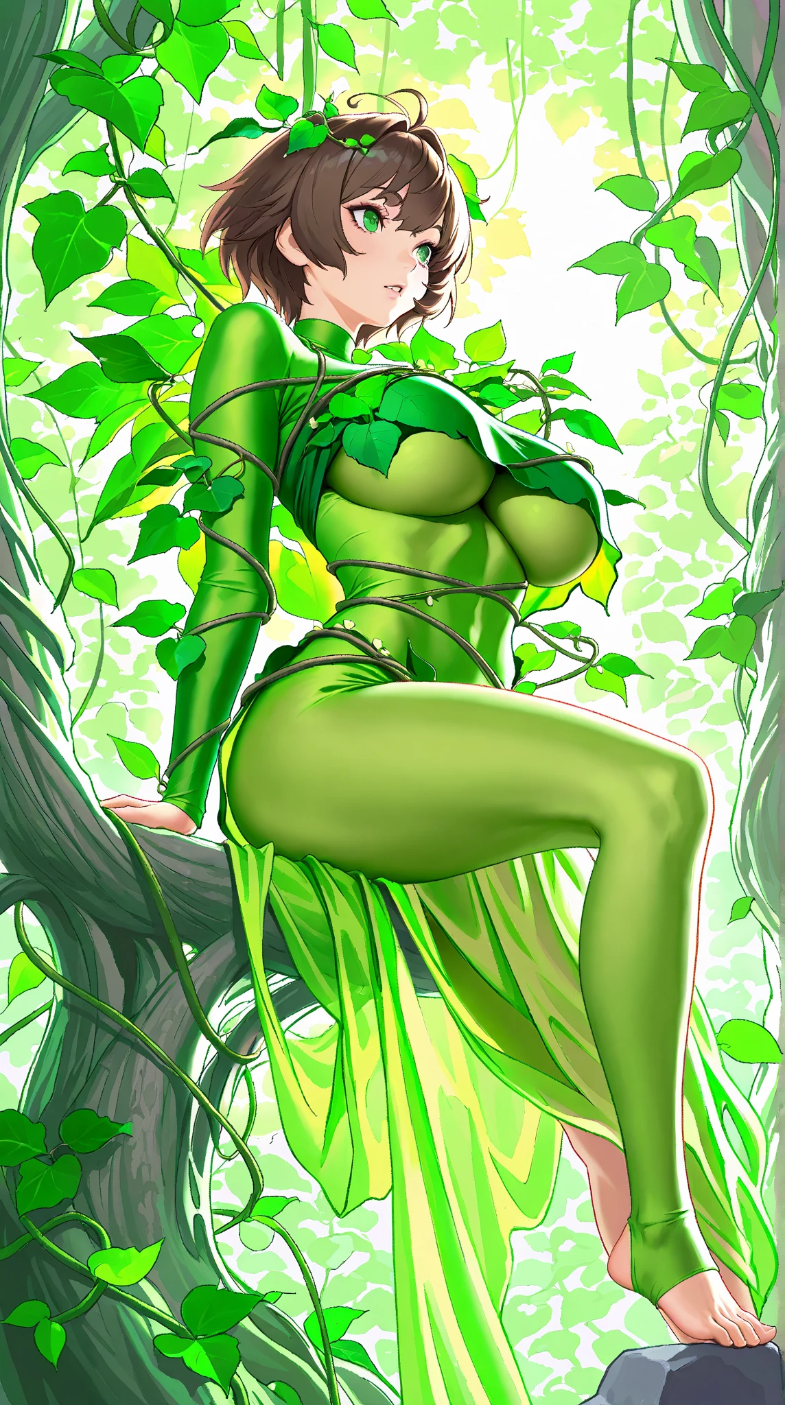 Short black hair, tall, shiny skin, oiled skin, huge breasts, fit, green skin, shiny green skin, long legs, angry smile, nude, naked,
