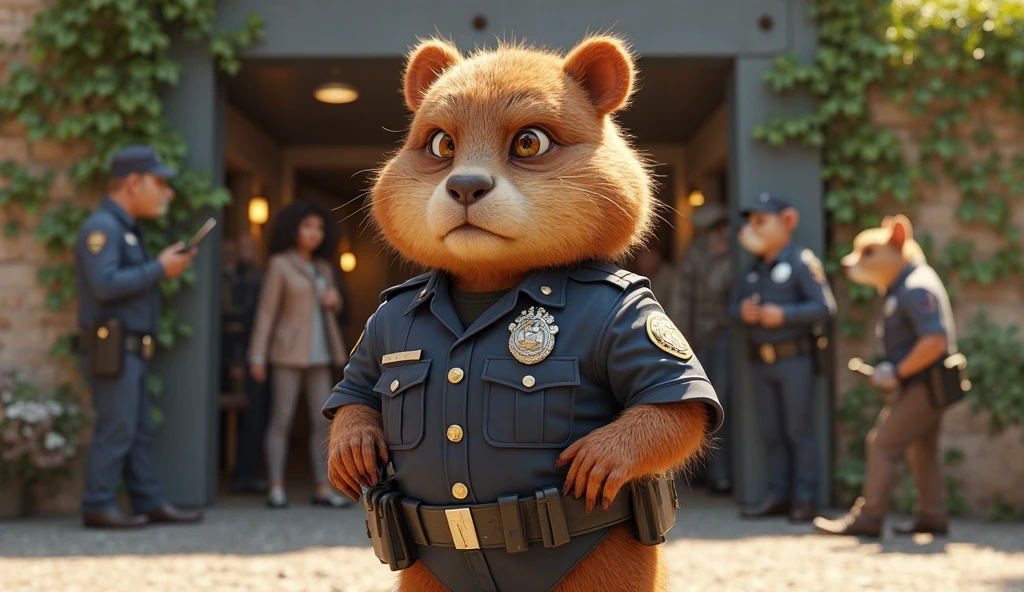 Cappy the capybara police officer walking out of a modern animal-style police station in full 3D render, realistic textures on uniform, polished silver badge glowing in the sunlight. Background: animal officers chatting near the entrance. Vines grow on building walls. Cappy’s fur is thick and textured, his face calm and confident. 3D anime-Pixar blend, cinematic lighting, same character design.
