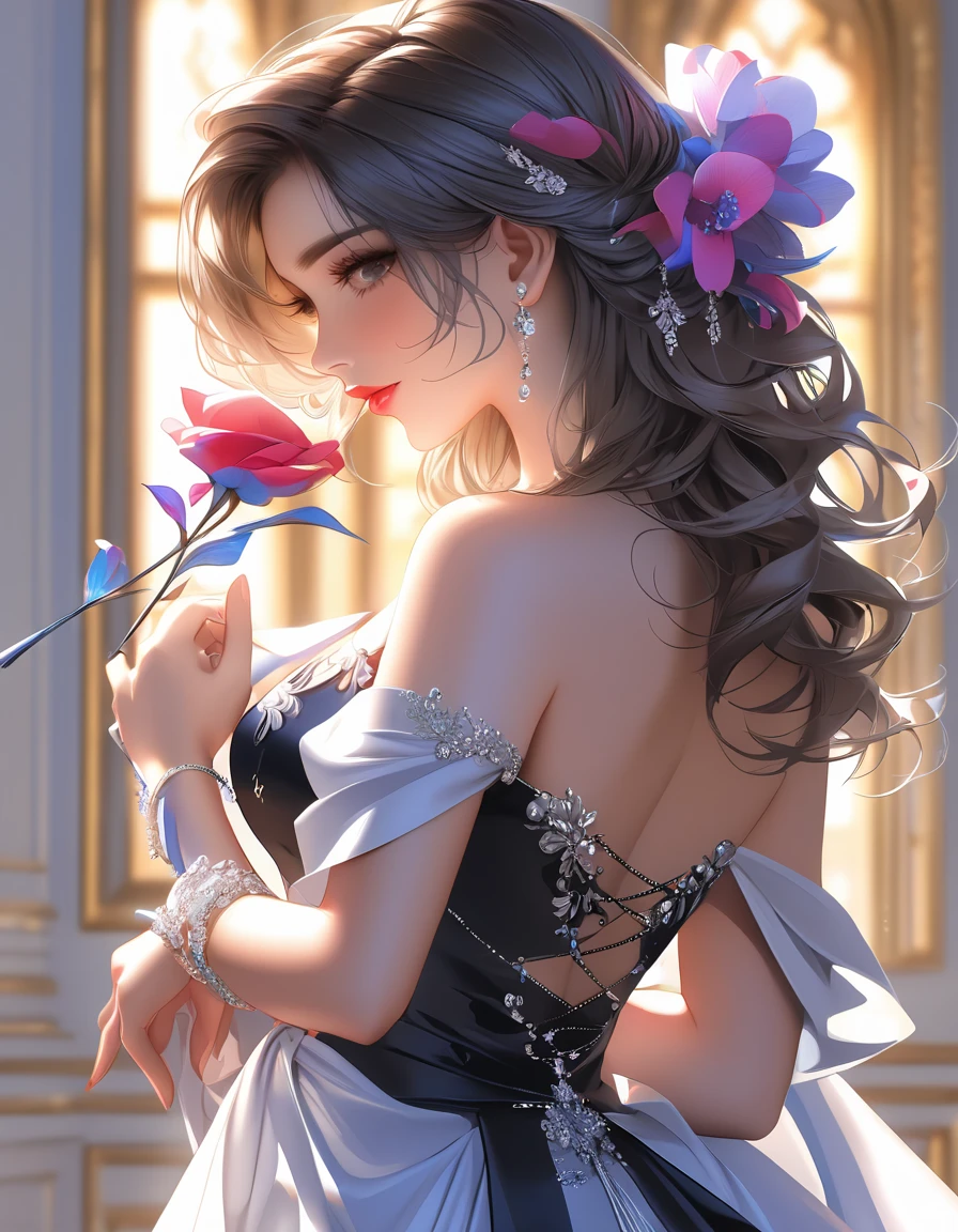 ((highest quality)),(ultra high resolution),(Super detailed),(detailed description),((best CG)),(best work of art),super precision art,great drawing art,(Art with precise details:1.5), (1 noblewoman:1.6),beautiful and well-shaped face:1.5,light makeup:1.6,(Colorful backless dress with intricate details:1.8),coiffed hair:1.6, old castle balcony:1.5,sunset sky:1.5