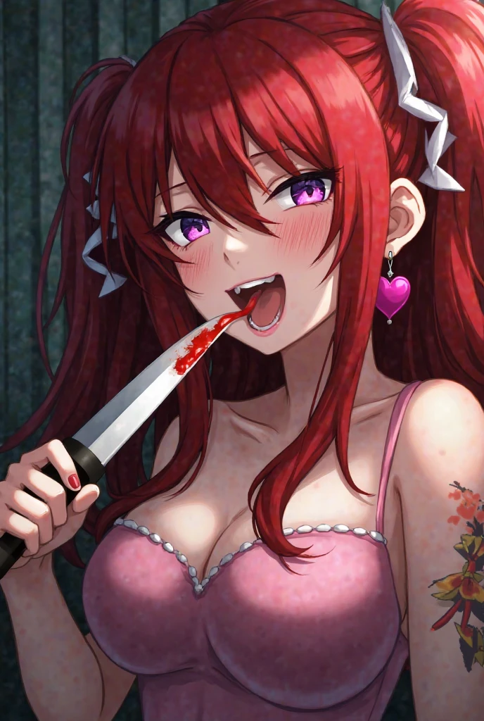score_9, score_8_up, score_7_up, best quality, anime BREAK, 1girl, blood, underwear, solo, long_hair, pink_hair, thighhighs, panties, knife, red_eyes, black_panties, lingerie, blood_on_face, garter_belt, breasts, blood_splatter, bra, blood_on_knife, pink_eyes, looking_at_viewer, yandere, twintails, ass_visible_through_thighs, blood_on_weapon, weapon