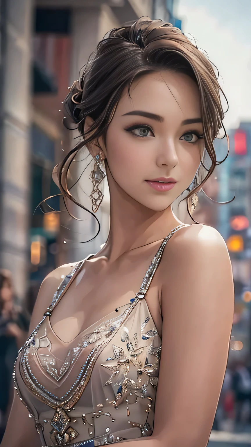 one girl, ((Highest quality)), ((masterpiece)), (detailed), ((very detailed face)), High resolution photograph, smile, full body portrait, slim face, pretty woman, (dark brown hair), (long dress:1.1), She is wearing an evening dress to go to the dance party, detail eyes, double eyelids, (Beautiful Delicate Eyes and Lips ), blurry background, slim face, She is on the city streets, Good light,