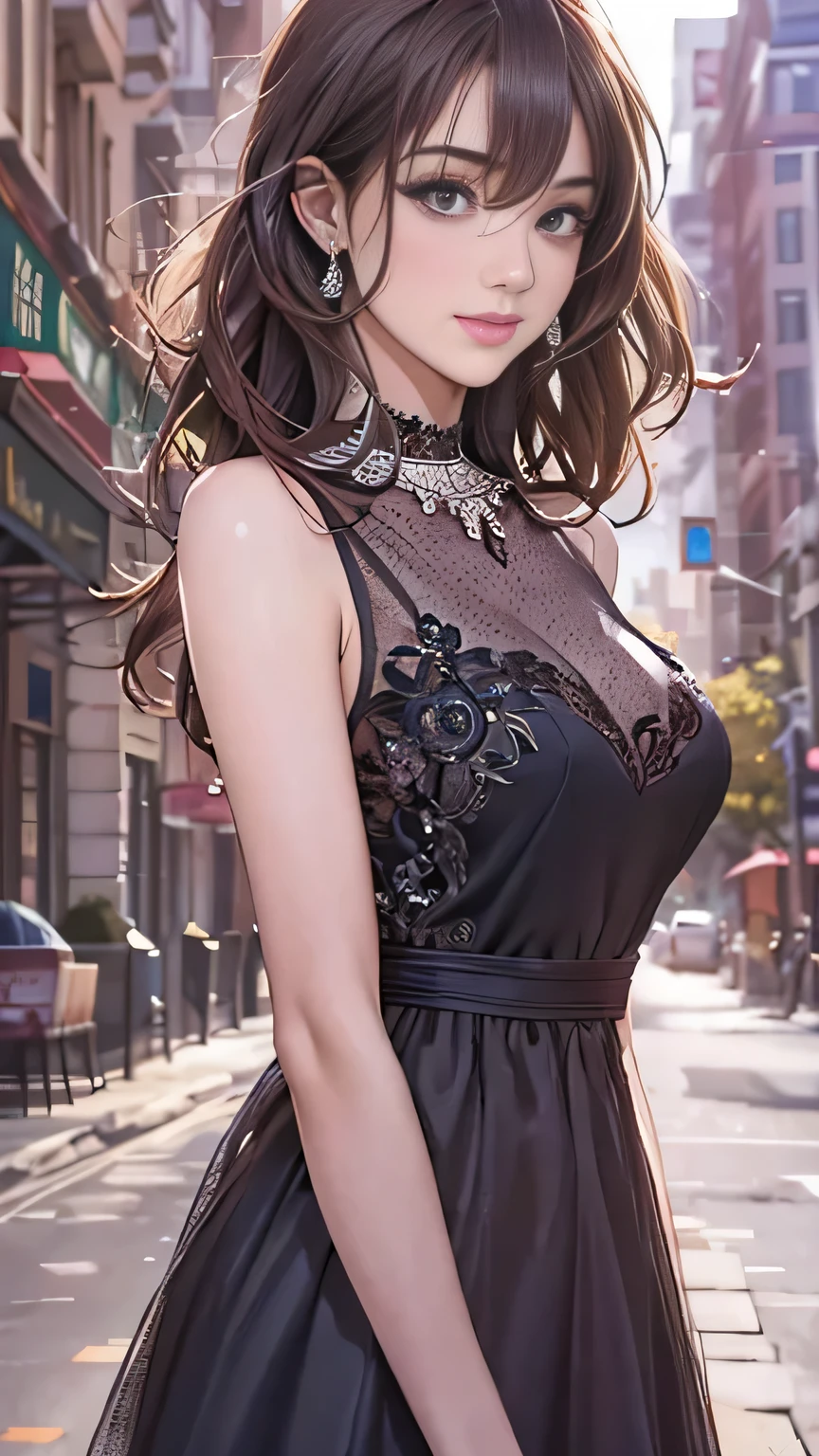 (best quality, photorealistic, ultra-detailed), perfect body proportions, slim fit, big breasts, printed designer minidress, city park, late evening