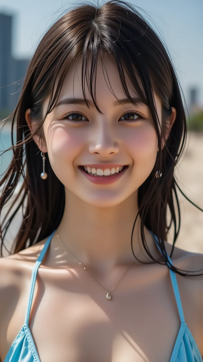 (8k), (highest quality: 1.2), (realistic), (realistic: 1.37), ultra high resolution, 1 girl, cute, smile, closed mouth, beautiful details, beautiful nose, whole body, twin tails , wet hair, (Completely naked),beach