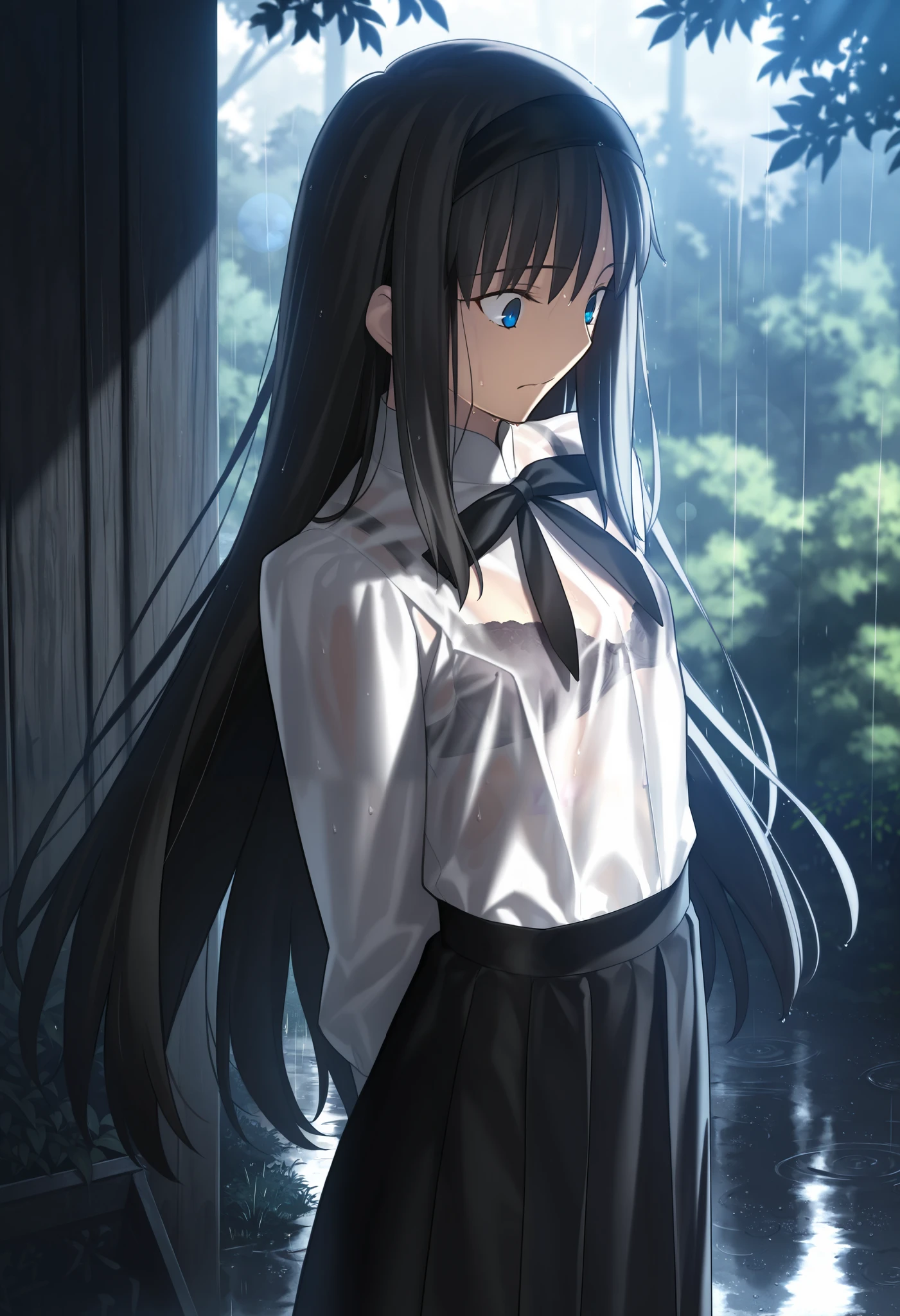 masterpiece, , absurdres, highres, detailed background, high resolution, masterpiece, necessary, detail, best quality, quality, necessary, details, High details, Precise, dark, outdoors, (dappled sunlight), (day), lens flare, blurry background, from above, upper body, from side,                                            
                                                                                                                                                                                                                         1girl, , Takeuchi Takashi (type-moon,tsukihime) style, takeuchi takashi style, 
   
tall girl, mature, Akiha_Tohno, (tsukihime), black hair, bangs, long hair, blue eyes, upturned eyes, black headband, straight hair, tsurime, ,(arms behind back), surprised, wide-eyed, sweaty body:0.3,
(white shirt, black long skirt), see-through, bra, undress black ribbon, small breast, flat chest, , looking down, rain, 