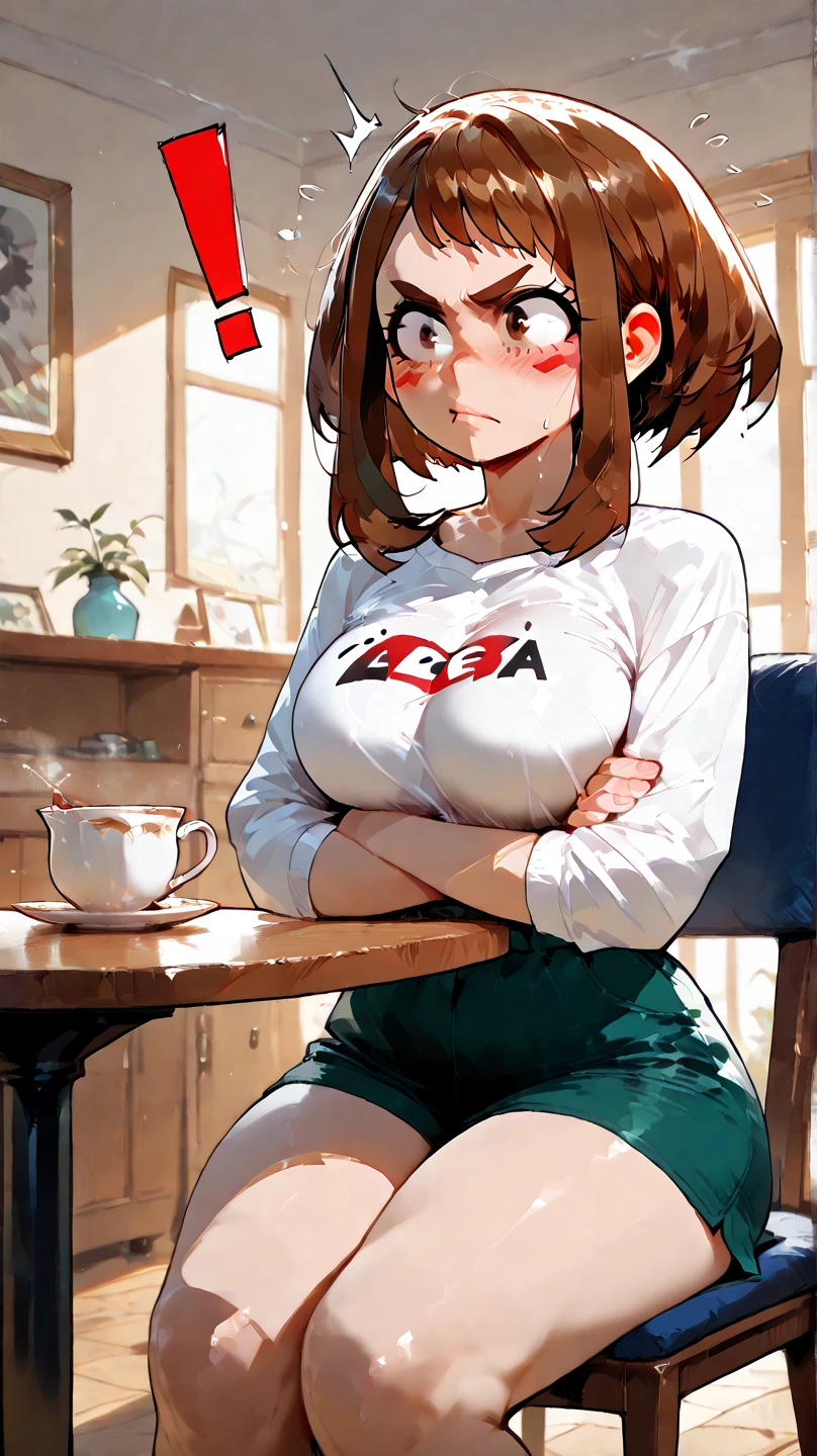 masterpiece, highest quality, High resolution, Dragon Ball, Brumid, aqua hair, medium hair, dull bangs, red hair band, medium breasts, shirt, pencil skirt, panties、open legs、sneakers、whole body、cowboy shot, indoors, sitting, holding a cup, coffee, looking at the viewer,