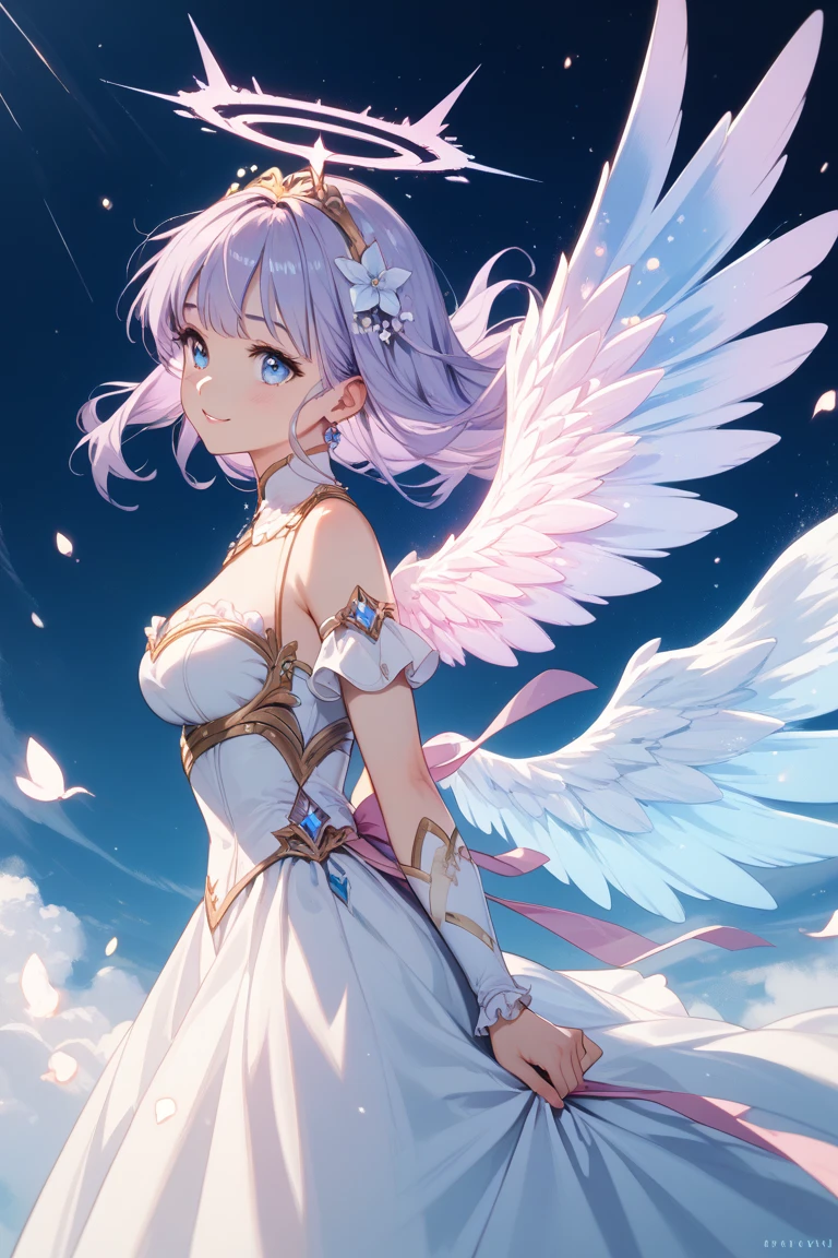 masterpiece, 1 girl, nepdef1, God-like, highest quality, figure, Super detailed, 1 girl, looking at camera, full body figure, detailed hair white flowers, Super detailedなマッチングパープルアイ, full very skimpy wedding dress, cleavage, stunning full background, Are standing, perfect body, short hair, cute, cute, shiny skin, smile, angel wings, sexy