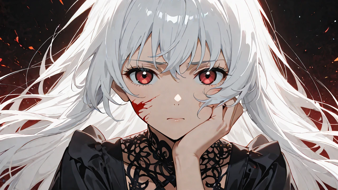 best quality, masterpiece, super high resolution, (reality:1.5), art, original photo, dynamic lighting, high resolution, sharp focus, depth of field,1girl, medium, masterpiece, best quality, super detailed, illustration, white hair and super detailed face, high quality face, upper body, fighting, bleeding, tattered clothes,