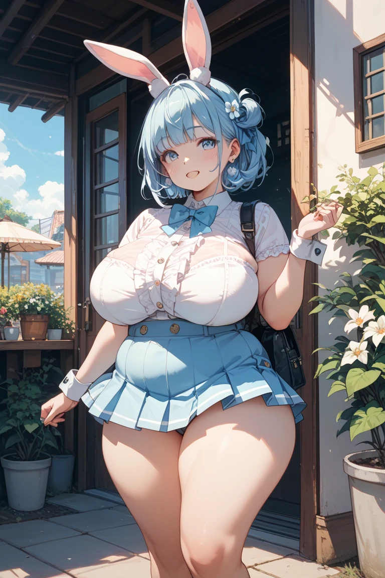  a cute girl beautiful attraction big chest blue hair Caribbean short round wearing shell hair her bright blue eye she dresses in a white shirt yellow lace thread collar and her long blue skirt sea shape yellow heel