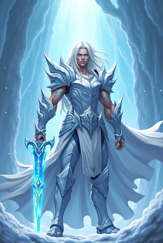 a young man in his twenties, he is from fantasy world , he is king in ice kingdom, he has beautiful stunnig icy blue big eyes, he has long straight white as snow hair, his face is strong and his facial features are strong he doesnt have hair on his face, he is the most beautiful ice king that ever existed, he is very masculine, he is tall and very very strong, he is just fantastical, his body and musels are work of art, show him and his body to me