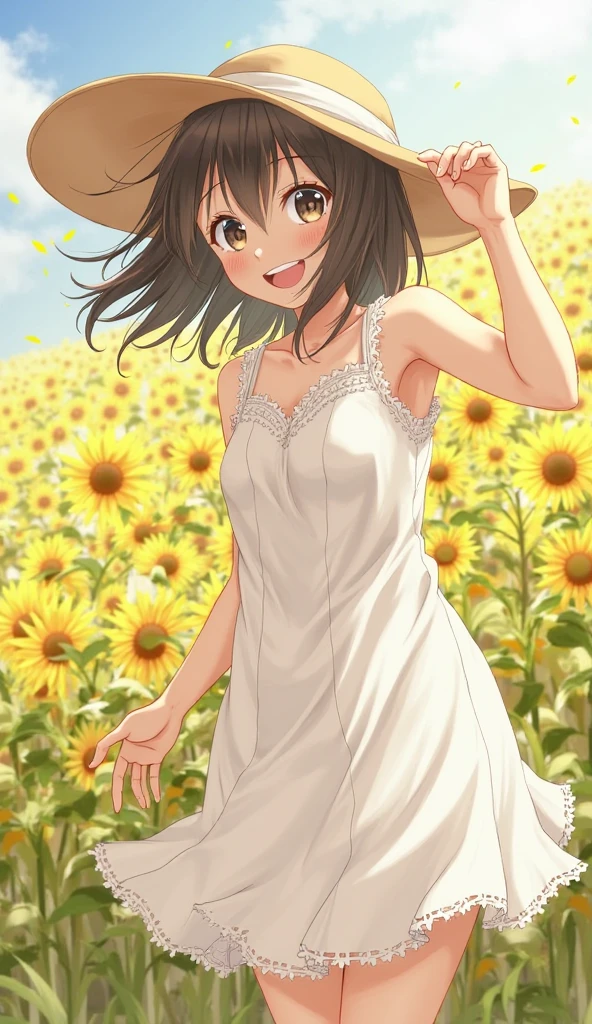 ((masterpiece)),((Highest quality)),((High resolution)),((Anatomical)),((Realistic)),((Detailed Description)),((Perfect lighting)),((8K)),((cute)),((blue sky)),((cumulonimbus)),((Big sunflower field)),(((One ))),(((Lori))),(((neutral))),((8-year-old)),autifeyes)),((Baby Face)),((low ((Petite)),((slender)),((smile)),((White teeth)),((((Deep tan)))),((Full body view)),((Pure white dress)),((Straw hat)),((Sprinting)),