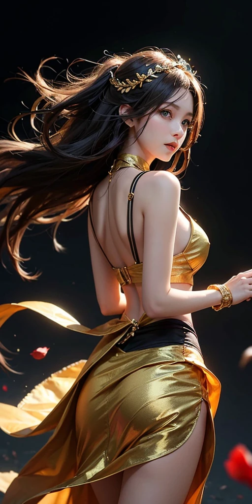 8k ((full body view)) (large eyes:1.3), (puffy lips:1.4), defined cheekbones, ((legs spread:1.1)), ((the pit style:1.4))((bra1.6)), tight pants, sash, ((intricate details:1.4))detailed face:1.5), light skin,(puffy lips:1.5) (light skin:1.6), (bald woman:1.7), (skinhead) ((sitting pose)),((looking at viewer)), (detailed eyes:1.2), (Muscular:1.3), ((gigantic breasts:1.5)), )highly detailed, ((side view:1.6)), majestic, digital photography, art by artgerm and ruan jia and greg rutkowski, ((jewelry around leg:1.4)), (masterpiece), warm sidelighting, ((black background)), (((gold color palette)))