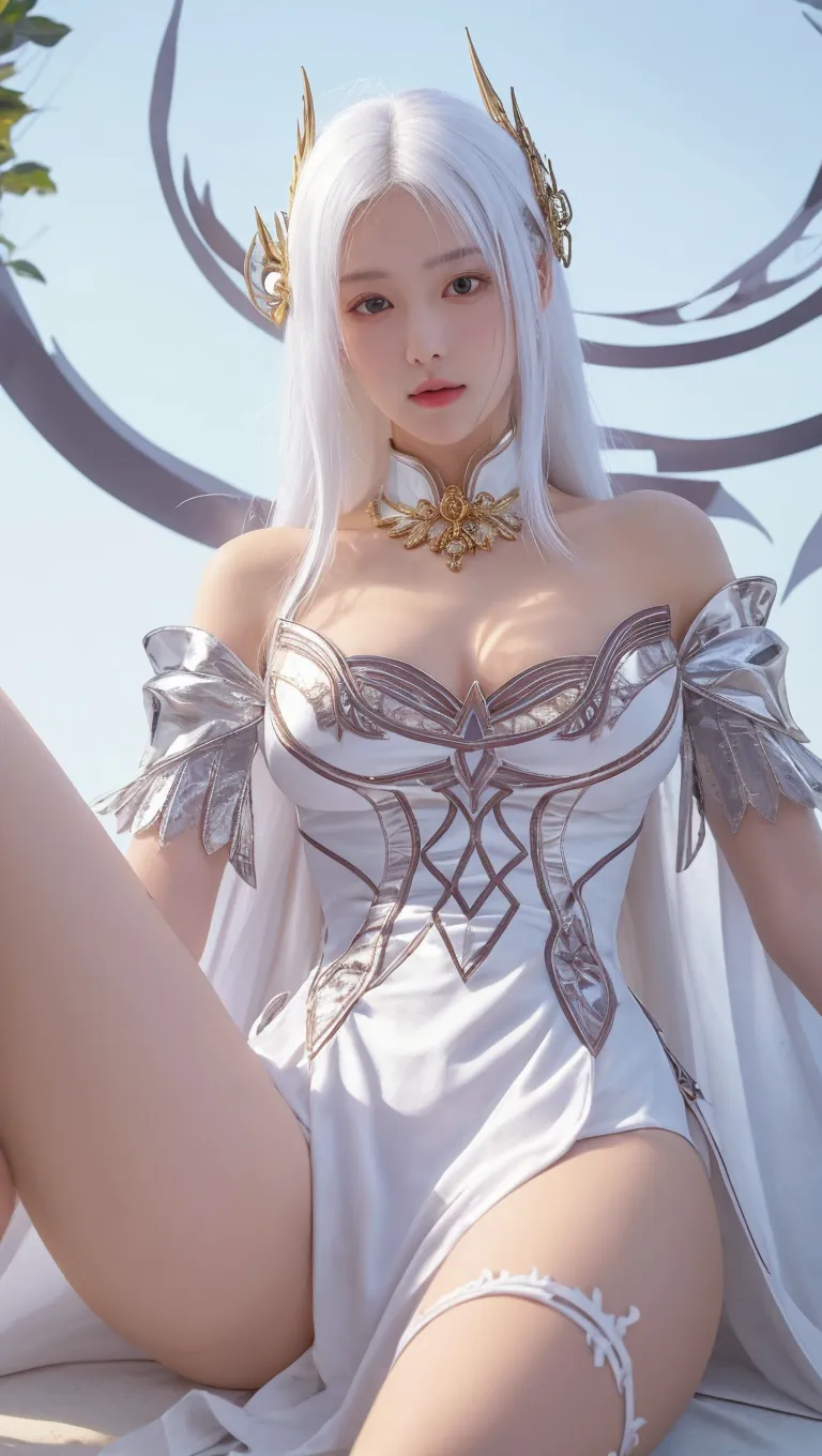 un gros plan d'une femme vêtue d'une robe blanche tenant une épée, lineage revolution style 2, from lineage 2, glossy armure blanche, detailed armure blanche, attractive elf princess knight, armure blanche, sleek armure blanche, off-white plated armor, avec une élégante armure argentée, sleek bright armure blanche, belle femme chevalier, dressed in'une armure éthérée, golden pupil