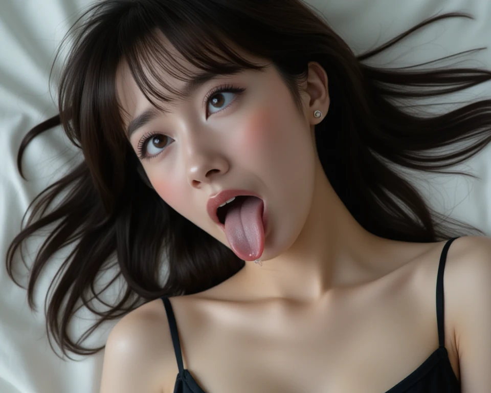 Masterpiece、top-quality、girl1、ultra-detailliert、View from directly above A dark-haired、Blunt bangs ahe face、Acme face、panting、put out the tongue、droolng、dripping saliva large full breasts、Beautiful belly SEX、play sex、ssex、Intense Sex、hard、Faces close、Facial Close-up bedsheet、PILLOWS