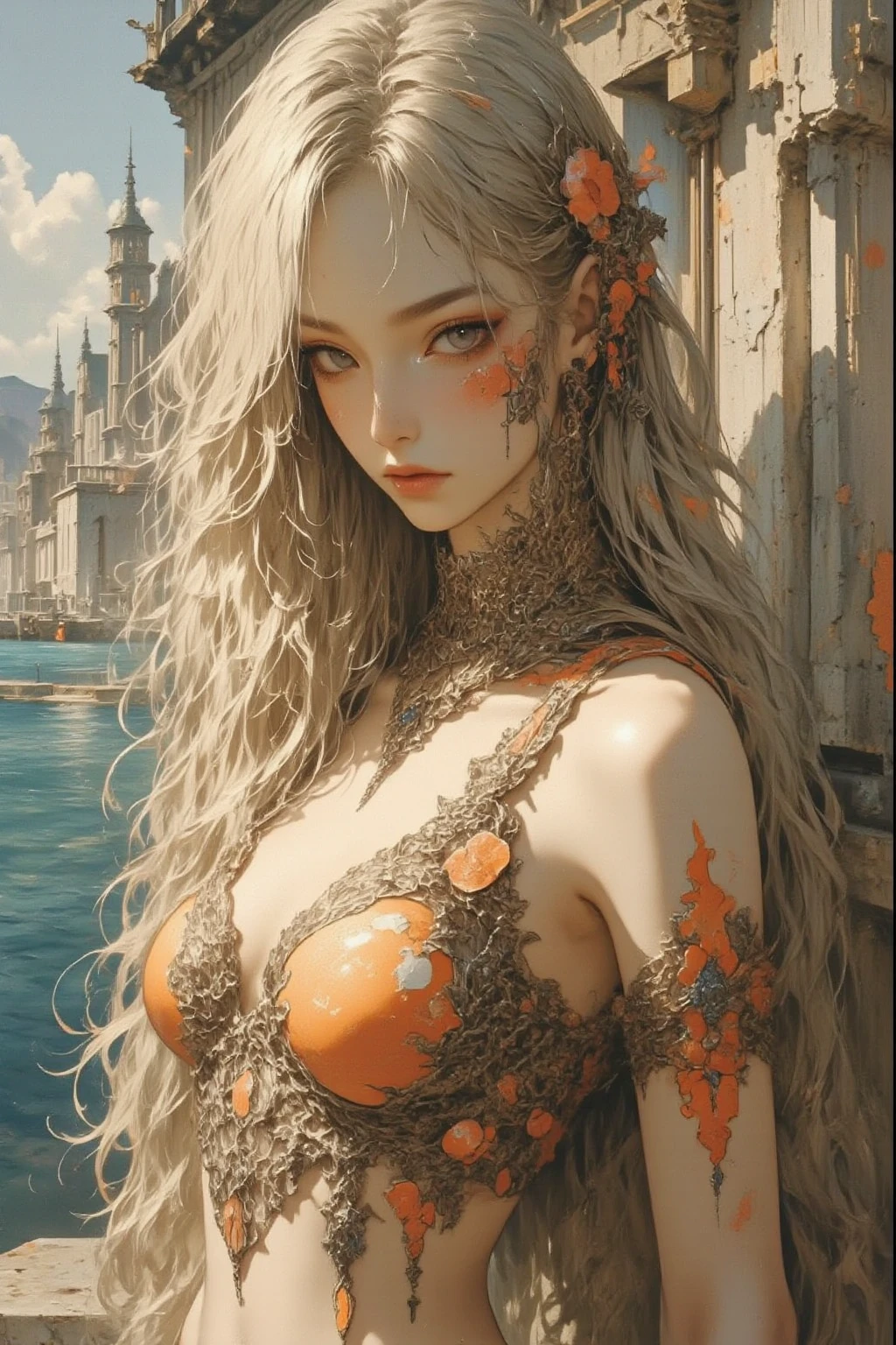 masterpiece, best quality, extreme detail, 8k, image sharpness, Ultra detail hair, (dark skinned female, (dark skin)), ultra detail face, perfect eyes, perfect face,1girl , pointy ears, white hair, long hair, lipstick, makeup, black eyeshadow, jewellery, bracelet, yellow eyes, big breasts, wide hips, thick thighs, topless, white beach, sand, sea, waves, sexy pose, palm trees, flowers, tropical