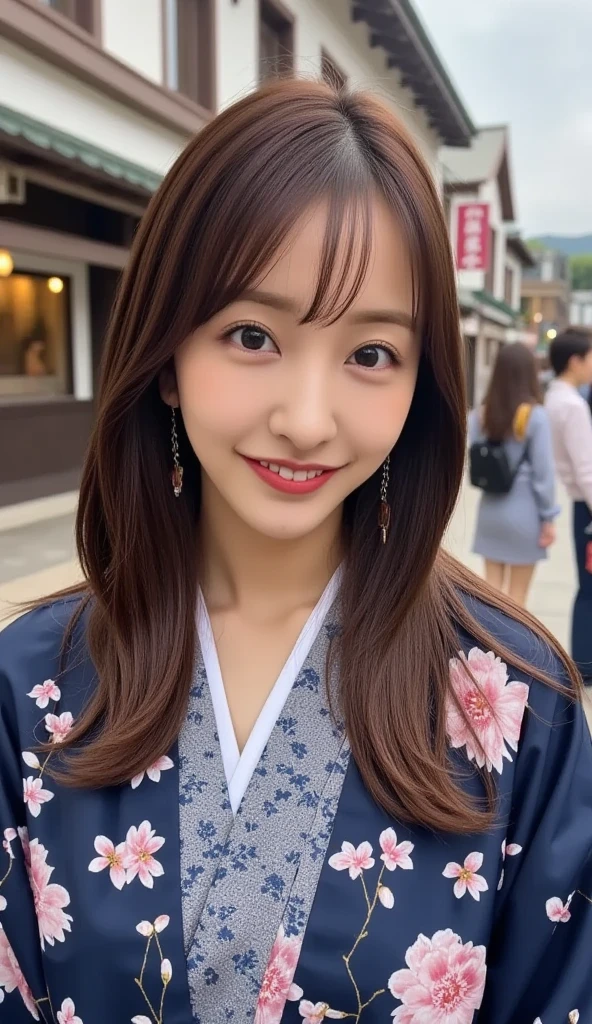 ((Highest quality))、((Ultra-high resolution))In detail、(((Beautiful single girl)))、Highly detailed eyes and face、Yukata with a light floral pattern、On the street、ponytail、smile