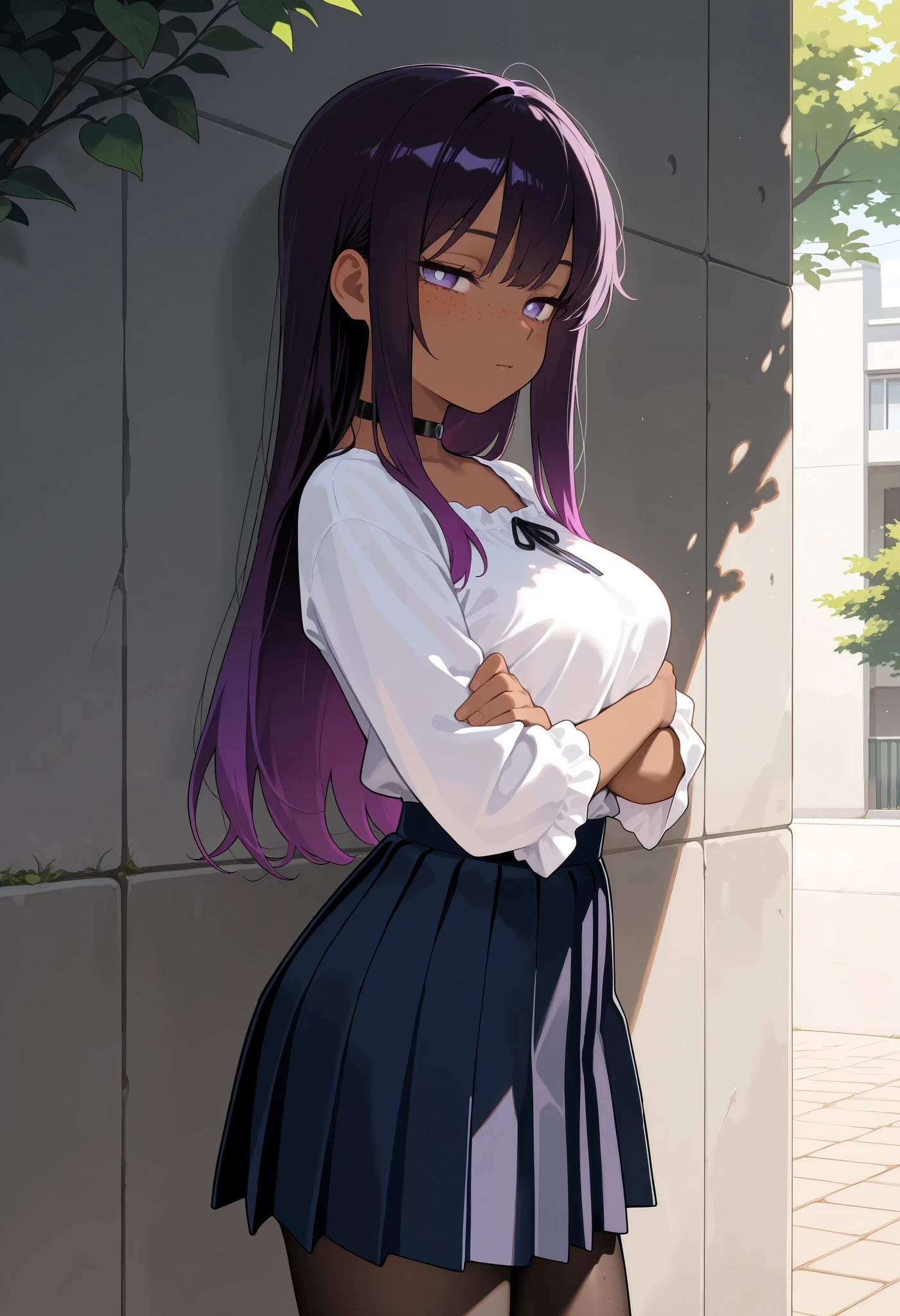 masterpiece, best quality, amazing quality, very aesthetic, colorful, cowboy shot, 1girl, from side, half-closed eyes, looking at viewer, arms under breasts, purple hair, gradient hair, straight hair, long hair, dark skin, purple eyes, white pupils, (freckles), medium breasts, casual, choker, white blouse, pleated skirt, pantyhose, outdoors, shade, absurdres