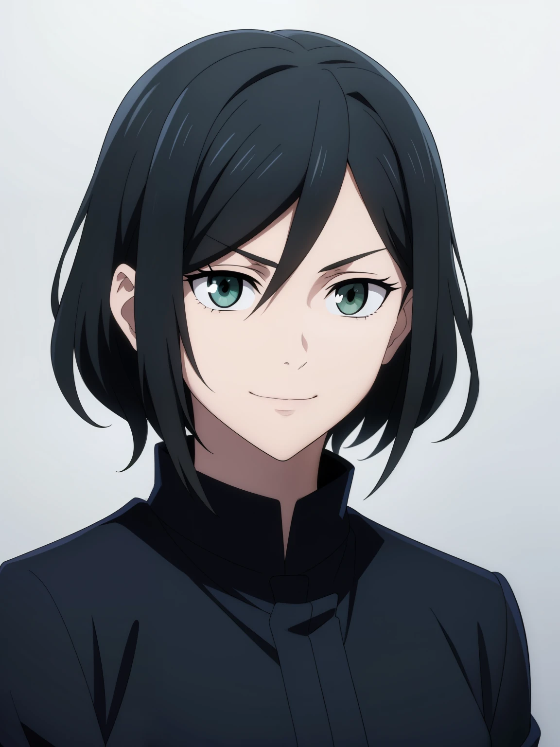 (high-quality, breathtaking),(expressive eyes, perfect face) 1girl, female, solo, ager, black hair, bright meadow green eye color, medium hair length, looking at viewer, half body, bright smile, kind face, cheerful expression, slightly tanned skin, dark black blue long sleeved shirt, collared shirt, dark black blue pants, jujutsu kaisen uniform, jujutsu high school uniform, flowy hair, feminine face, grey background, portrait, small sunflower, stylized hairstyle,