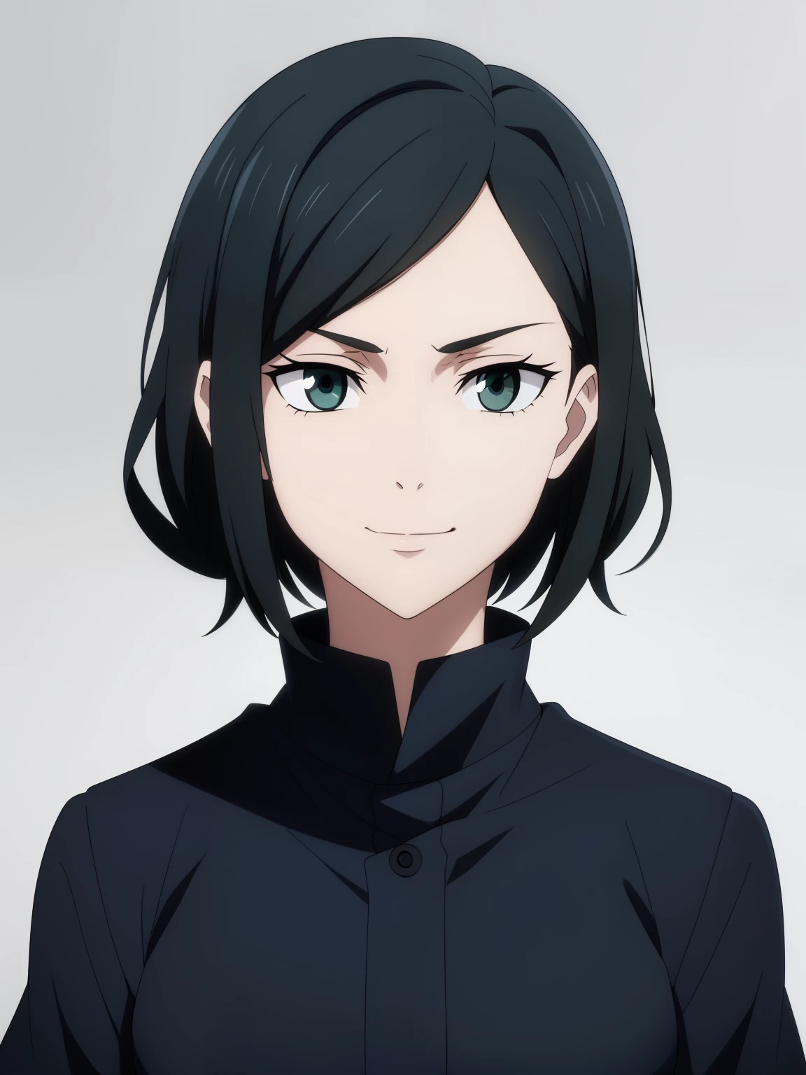 (high-quality, breathtaking),(expressive eyes, perfect face) 1girl, female, solo, ager, black hair, bright meadow green eye color, medium hair length, looking at viewer, half body, bright smile, kind face, cheerful expression, slightly tanned skin, dark black blue long sleeved shirt, collared shirt, dark black blue pants, jujutsu kaisen uniform, jujutsu high school uniform, flowy hair, feminine face, grey background, portrait, small sunflower, stylized hairstyle,