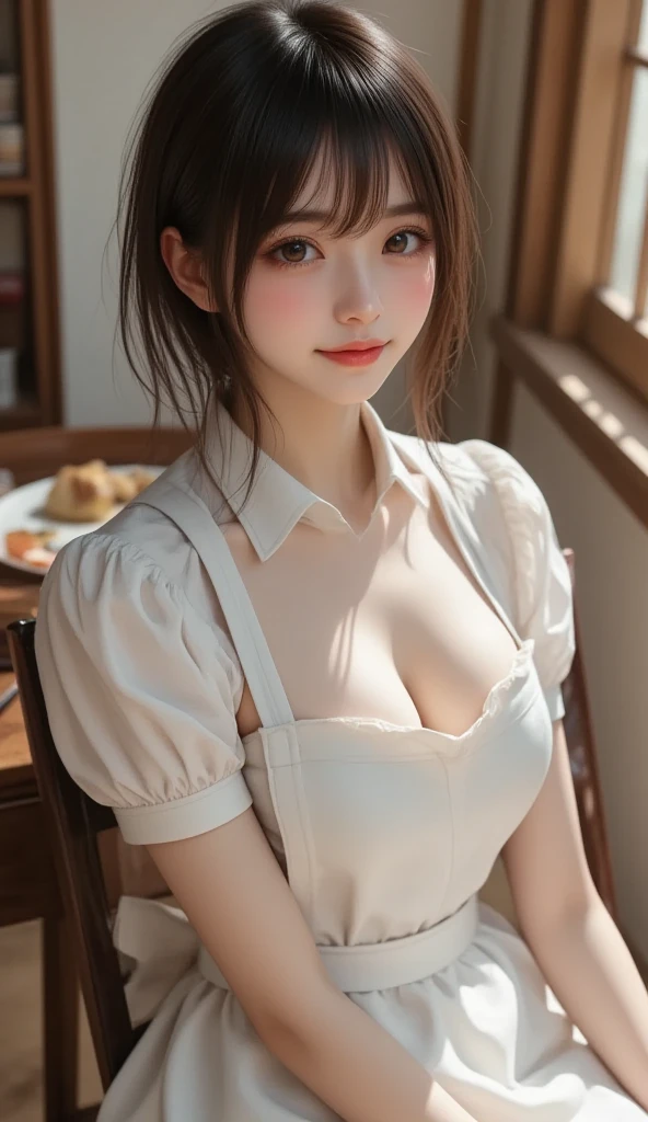 the most beautiful in the world１６Year old girl、((Maids, Brown hair, ,pinafore, Maid headdress, Single hair bun, Hair buns, maid apronl, Dramatic poses)),Smile,Sandy beach background,short-cut、Raw photo, (8K、top-quality、​masterpiece:1.2)、(intricate detailes:1.4)、(Photorealsitic:1.4)、octane renderings、Complex 3D rendering ultra detail, Studio Soft Light, Rim Lights, vibrant detail, super detailing, realistic skin textures, Detail Face, Beautiful detail eyes, Very detailed CG Unity 16k wallpaper, make - up, (detailedbackground:1.2), shinny skin, Full body,Hands down、Be undress、cleavage of the breast、spreading legs、