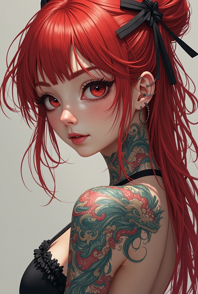 The image is anime style with shadows and dim lights, anime style although somewhat adult and dark, It shows a young woman who is apparently 20 years old., redhead who has her hair in a single large braid, It has only a single small black horn on the right side of its forehead., He has black eye sclera and yellow pupils.. His entire body is tattooed with strange symbols.. Her breasts are covered by black tattoos that don't allow you to see her nipples., She has no nipples She is not wearing any clothes except a small dark red skirt. The background of the image is a green wall. His feet are bare. He looks psychopathic. he would be. evil