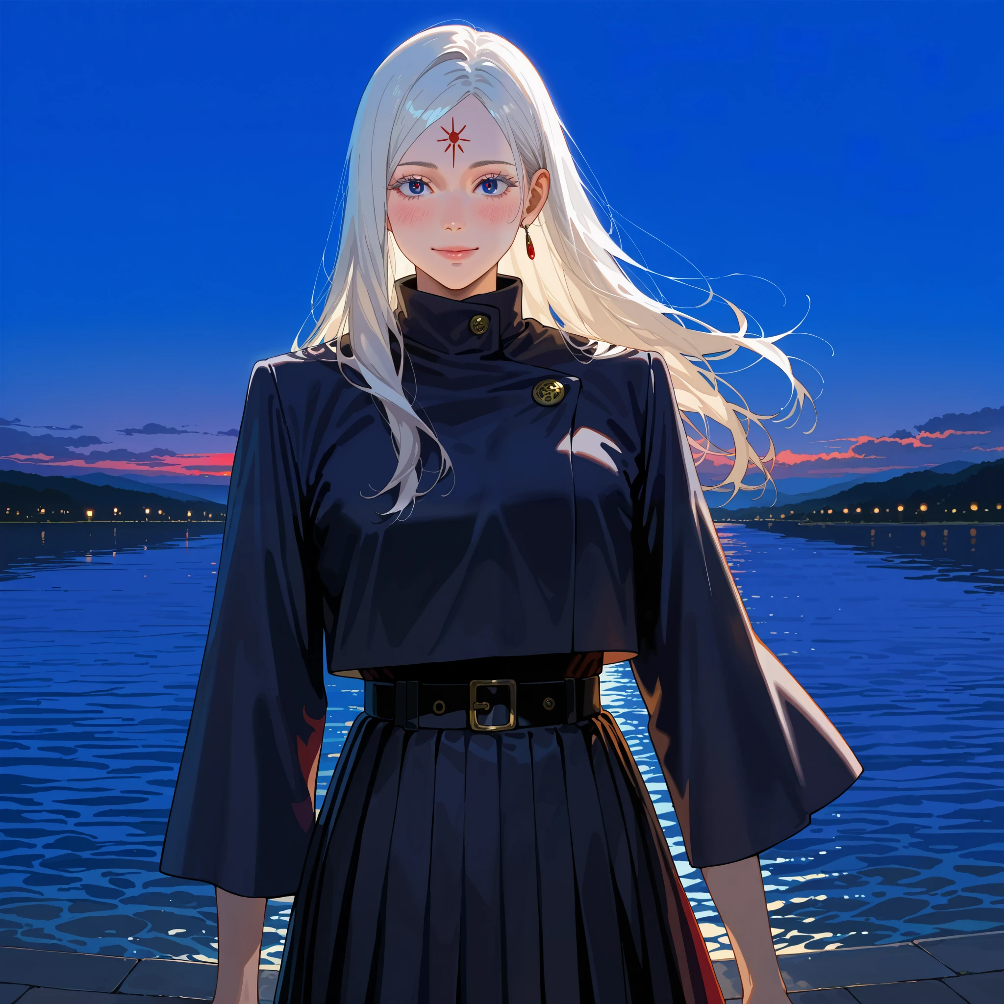 (High CT quality,4k,High resolution,mainpiece:1.1),(Very detailed,Realistic:1.37,Best quality,masterpiece, high resolution,on_body), (Tyndall effect,photorealistic, Edge lighting, Two-color lighting),(high definition skin:1.1), (8K UHD, DSLR quality, soft lighting, high quality, surround lighting, sincere, de 8K , 4K, 8K.)
Albino girl with tiny wiry bodybuilding, she has painfully white skin with a blush, she has long straight snow-white hair with loose hairstyle with no bangs, she has white fluffy eyelashes, she had a turquoise eyes and red pupils. She has a red birthmark on her forehead in the form of : a red circle and two red dots under it. She's wearing a black wizard's uniform of jujutsu tech: a long black floor-length skirt and a black jacket with long wide sleeves. She has a jade talisman on her belt. On the background :misty dawn, bright sky, Japanese oriental temple standing in the middle of a lake, lotsies and water lilies grow on the surface of the water, and a red Tori-gates standing in the distance.