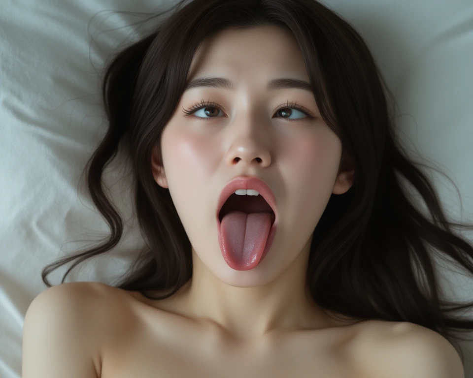 1 girl、Flying debris、、Award-winning photo、Very detailed、Big double eyelids、nose、the focus is on the mouth、close-up focus on face))、Woman with open mouth and closed eyes、18-year-old、Black Hair、