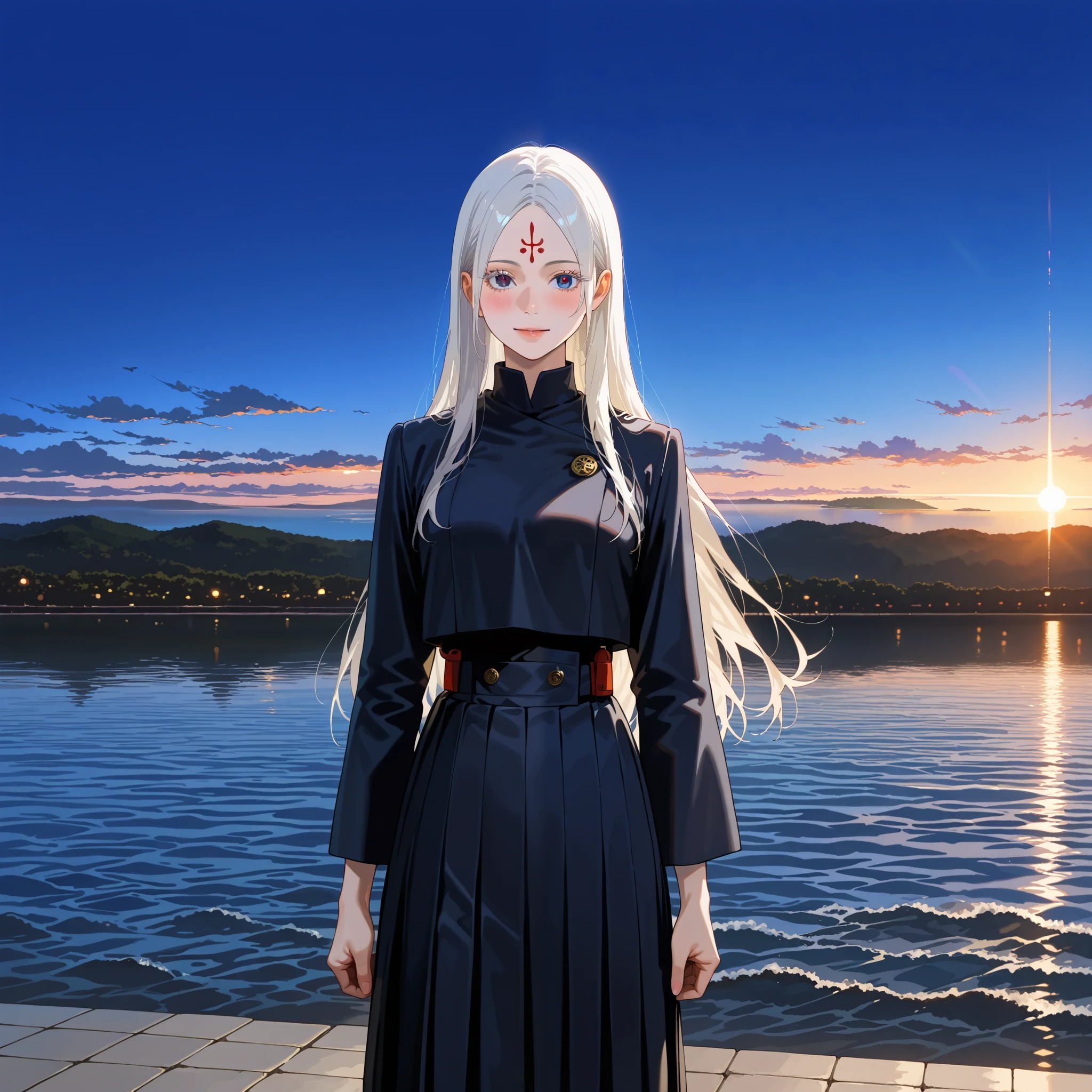 (High CT quality,4k,High resolution,mainpiece:1.1),(Very detailed,Realistic:1.37,Best quality,masterpiece, high resolution,on_body), (Tyndall effect,photorealistic, Edge lighting, Two-color lighting),(high definition skin:1.1), (8K UHD, DSLR quality, soft lighting, high quality, surround lighting, sincere, de 8K , 4K, 8K.) 
Albino girl with tiny wiry bodybuilding, she has painfully white skin with a blush, she has long straight snow-white hair with loose hairstyle with no bangs, she has white fluffy eyelashes, she had  a turquoise eyes and red pupils. She has a red birthmark on her forehead in the form of : a red circle and two red dots under it. She's wearing a black wizard's uniform of jujutsu tech: a long black floor-length skirt and a black jacket with long wide sleeves. She has a jade talisman on her belt.  On the background :misty dawn, bright sky, Japanese oriental temple standing in the middle of a lake, lotsies and water lilies grow on the surface of the water, and a red Tori-gates standing in the distance.