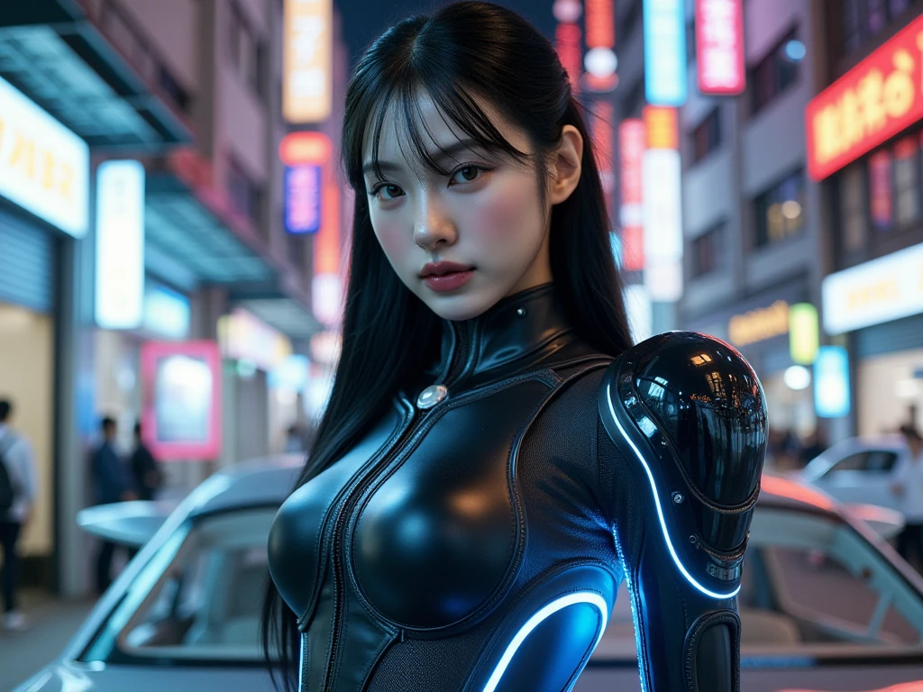 She is a beautiful 18 year old woman who lost her right arm in an accident two years ago. However, her father's cyber surgery gave her a mechanical and smart bio-hand. With this "miraculous right arm" she fights evil in the world.
(background,cyber city tokyo,skyscraper,crowd,hustle and bustle),.