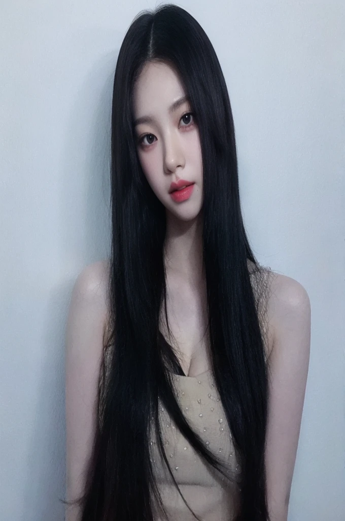 A woman with long black hair and a black dress and blue like eyes, beautiful south korean woman, korean woman, gorgeous young korean woman, korean girl, beautiful young korean woman, woman with long black hair, asian girl with long hair, heonhwa choe, 165 cm tall, cruel korean gothic girl, detailed face of an asian girl, an asian woman, big breasts, heavy breasts